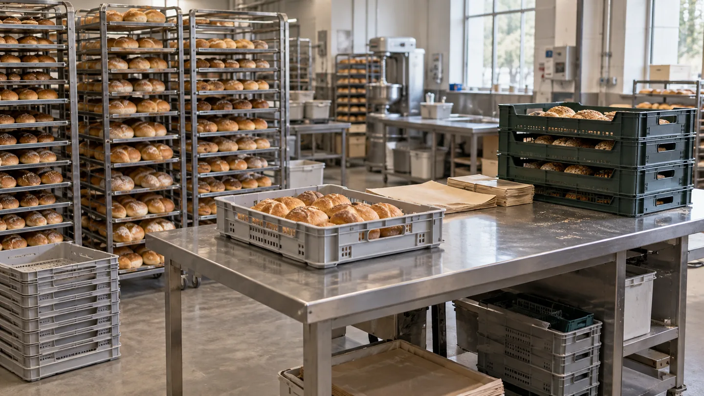 Illustration of bread racks and reusable dispatch trays on a commercial bakery workbench