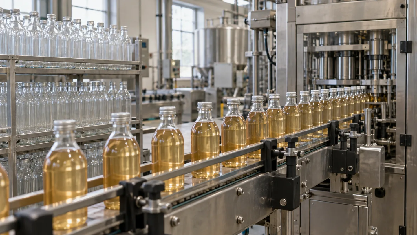 Illustration of filled beverage bottles on a conveyor beside empty bottles