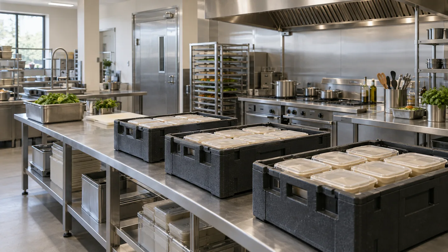 Illustration of a commercial kitchen with prepared meal containers and stainless workbenches