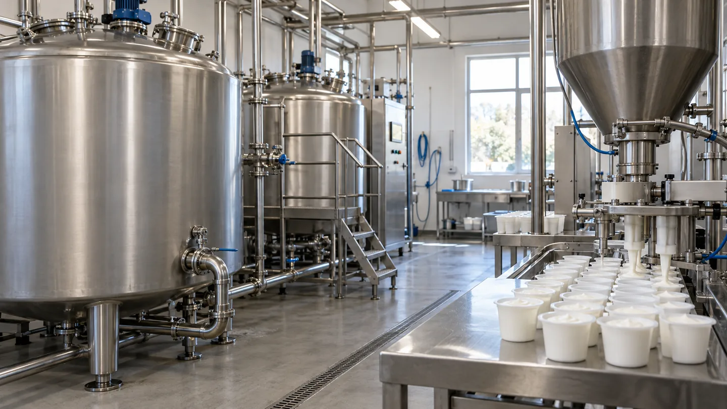 Illustration of dairy processing tanks beside a yoghurt filling line