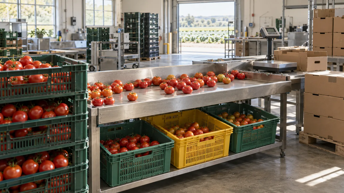 Illustration of tomato crates, a grading bench and a weighing scale in a produce packhouse
