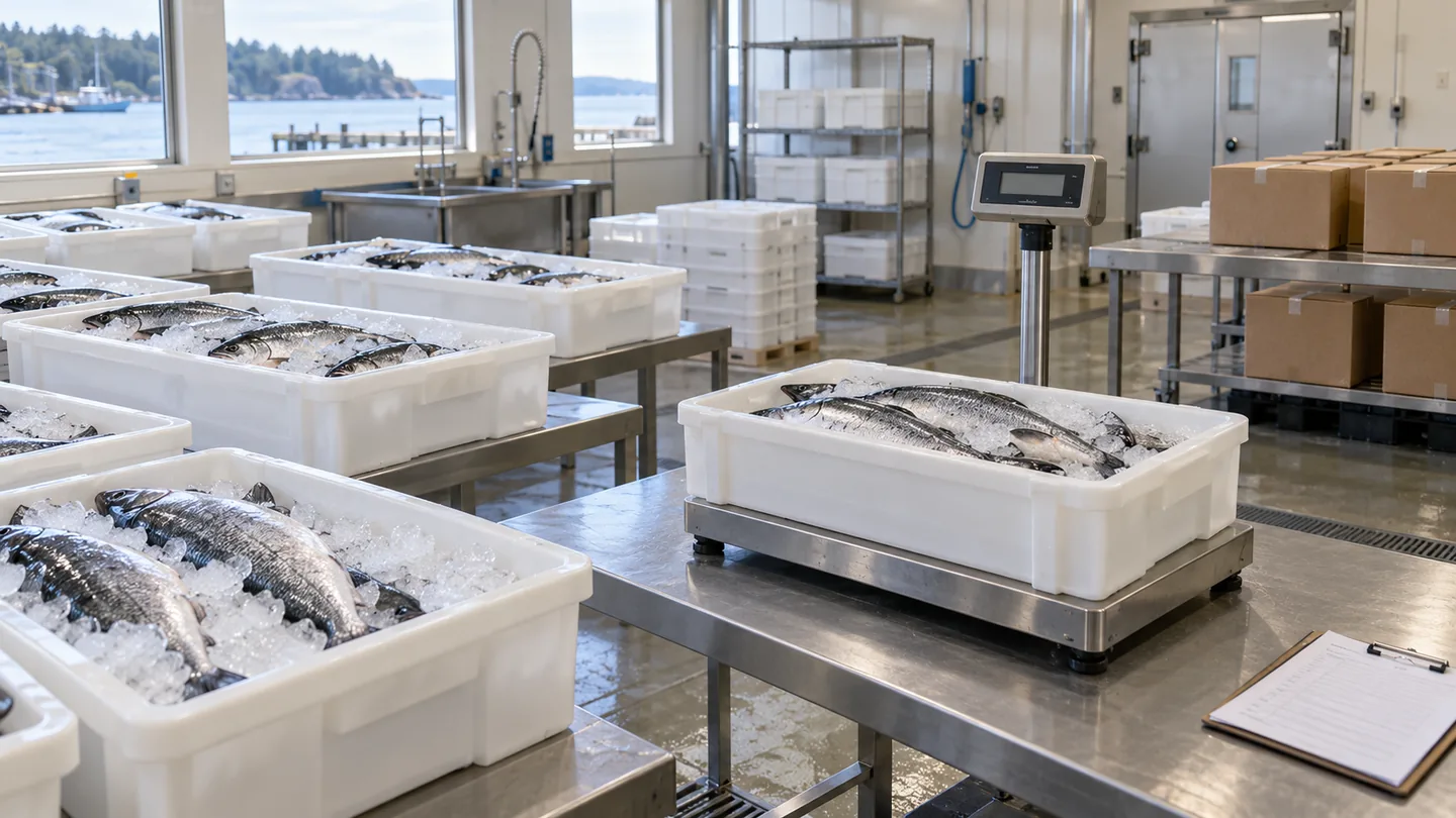 Illustration of whole fish on ice in crates beside a weighing platform in a seafood packing room