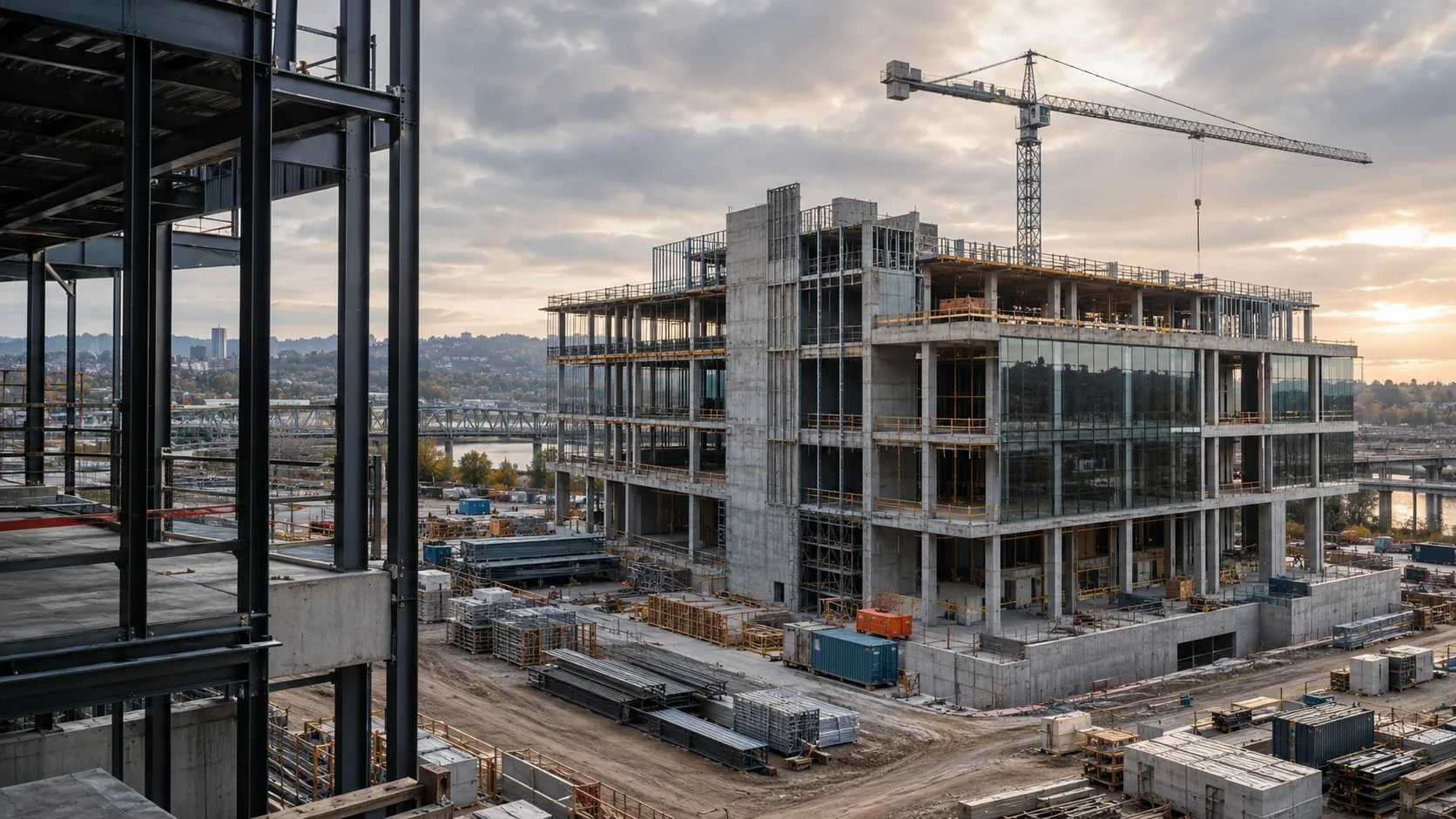 Illustrative commercial construction site with concrete structure, steel framing, and a tower crane