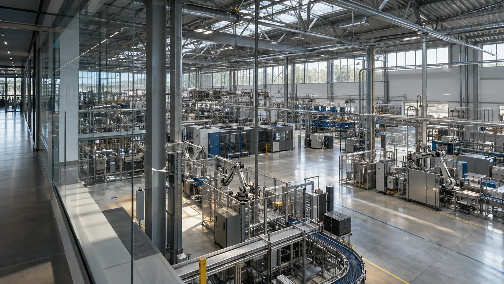 Illustrative modern manufacturing facility with full-scale production equipment and natural daylight