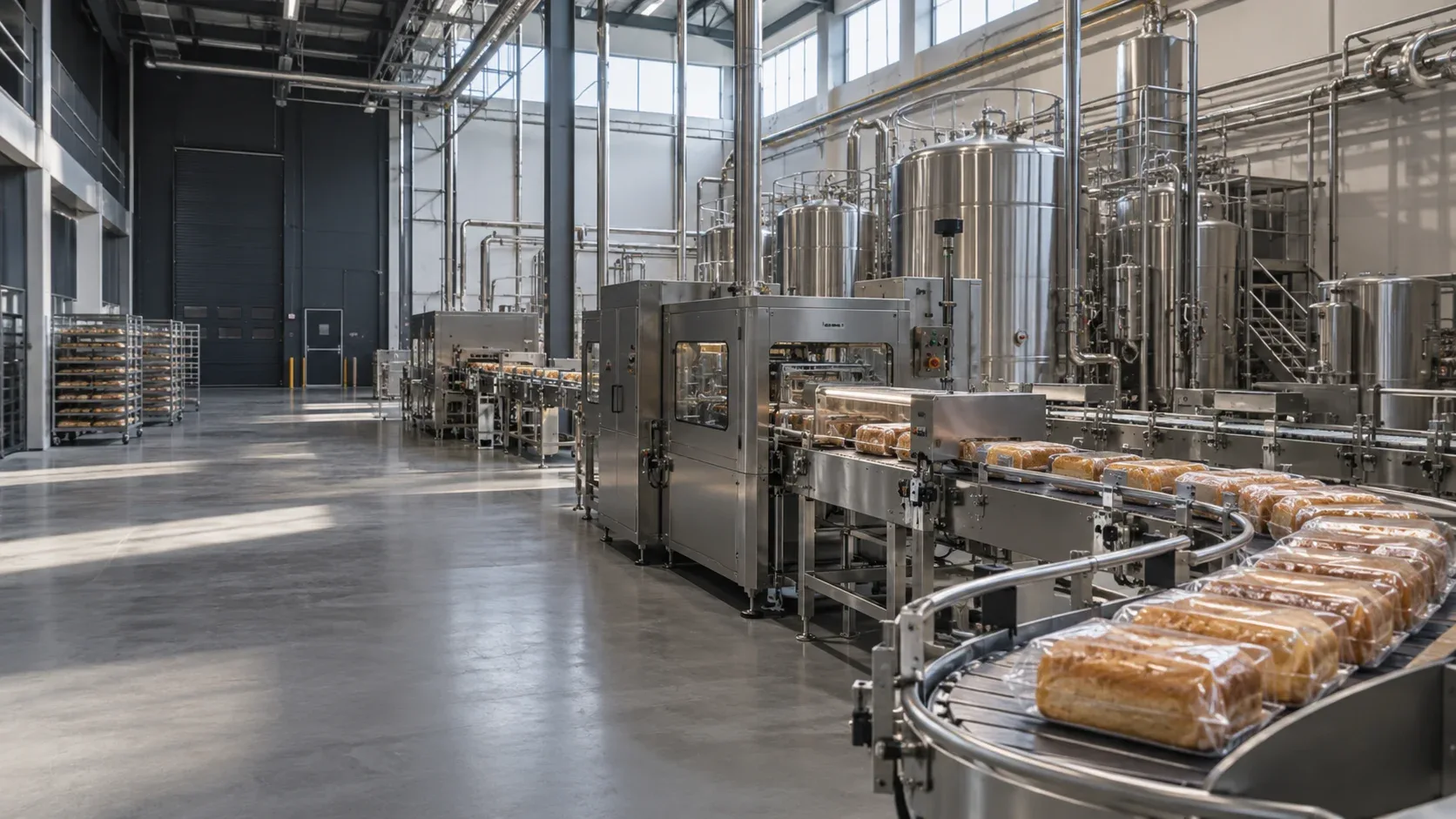 Illustrative food and beverage facility with a bakery packaging line and stainless steel processing equipment