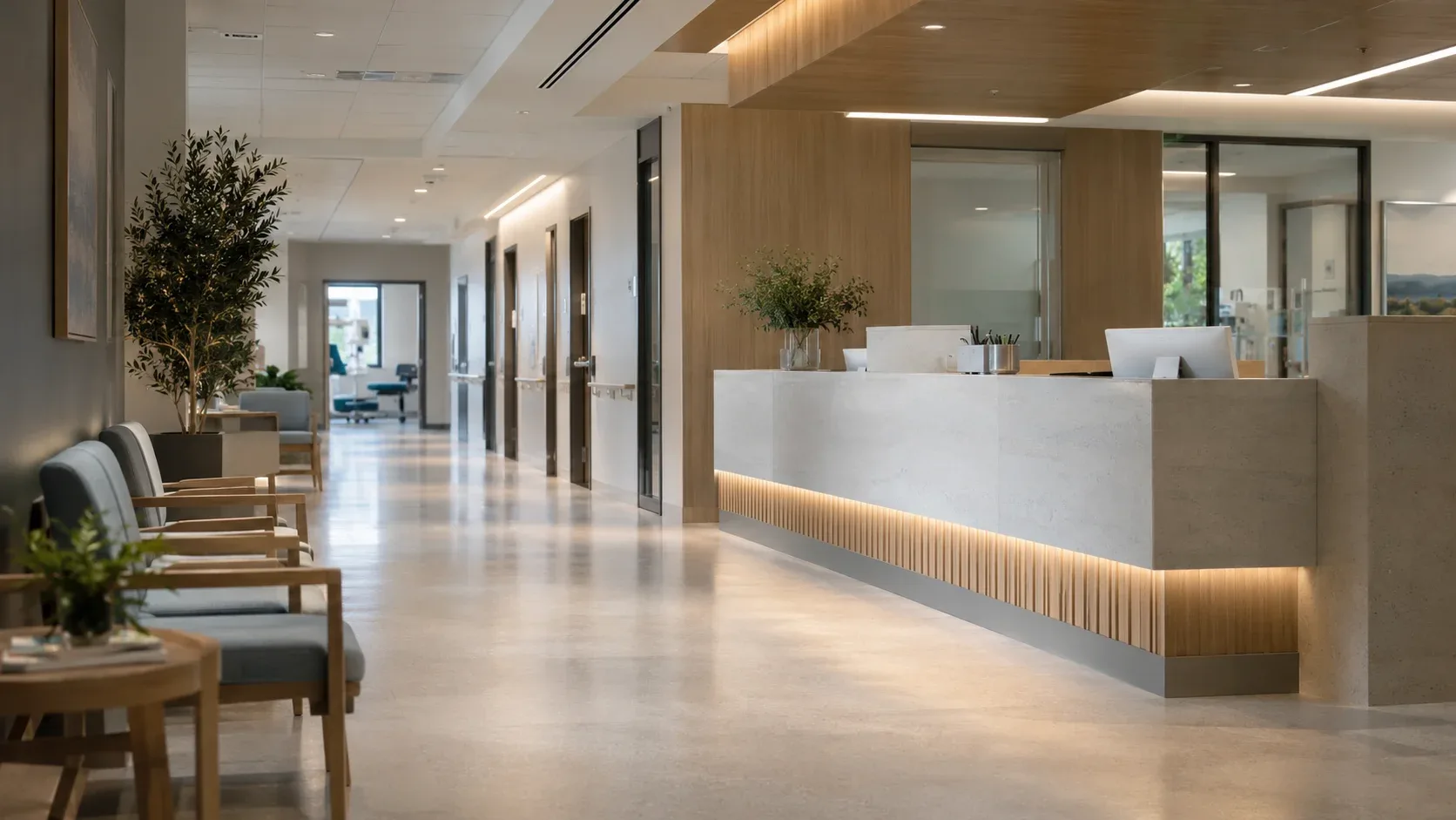 Illustrative hospital outpatient department with a clinic reception, waiting area, and consultation rooms