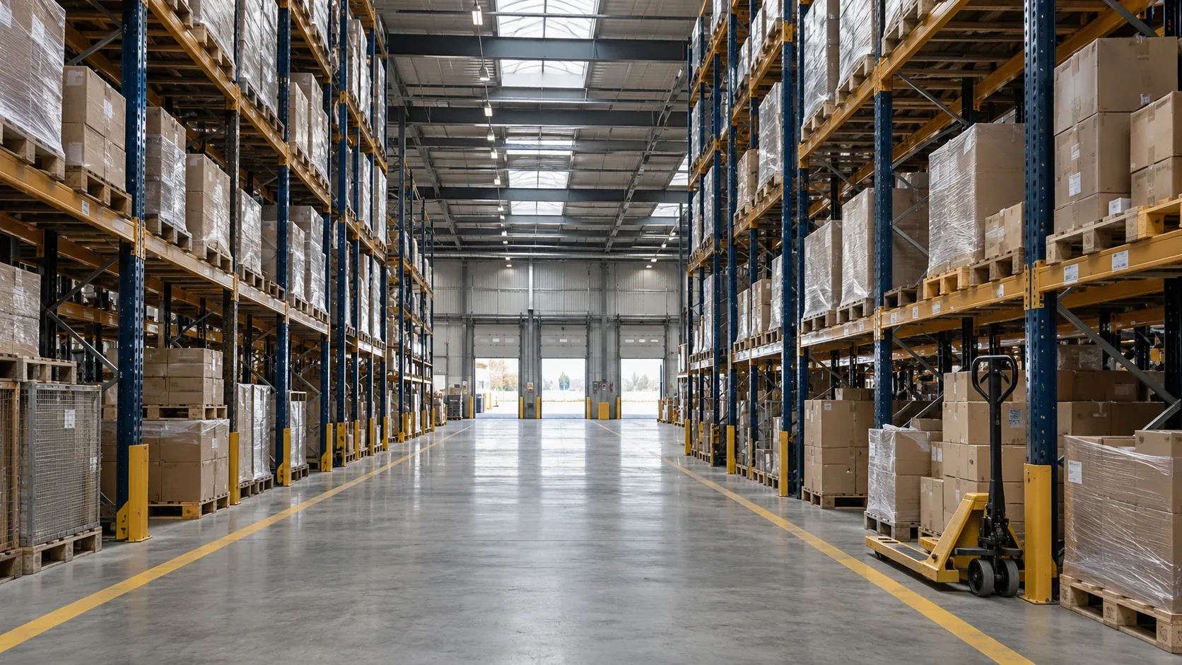 Illustrative distribution warehouse with organized full-height pallet racks and a broad central aisle