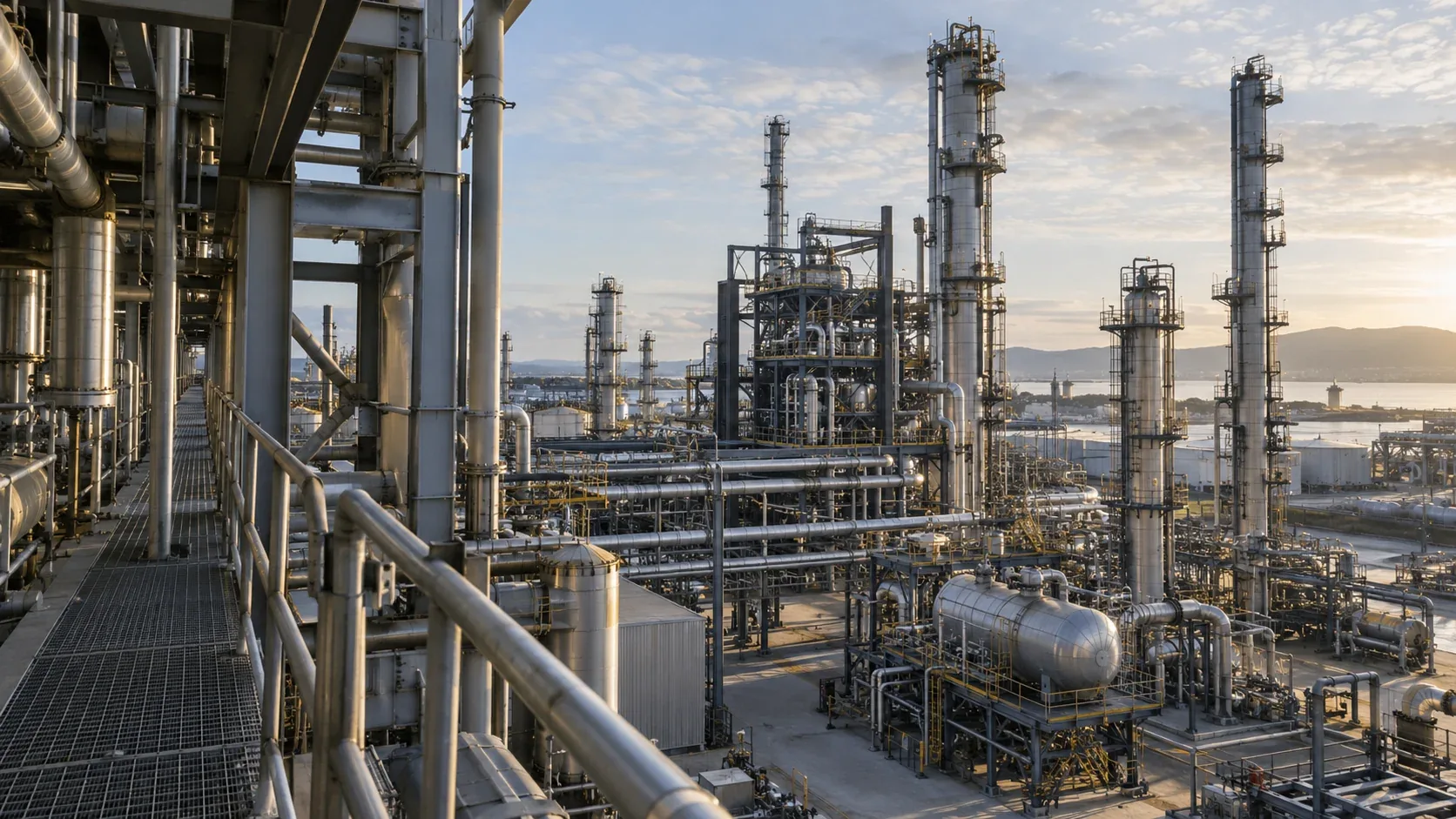 Illustrative oil and gas processing facility with full-scale steel pipework, process vessels, and maintenance walkways