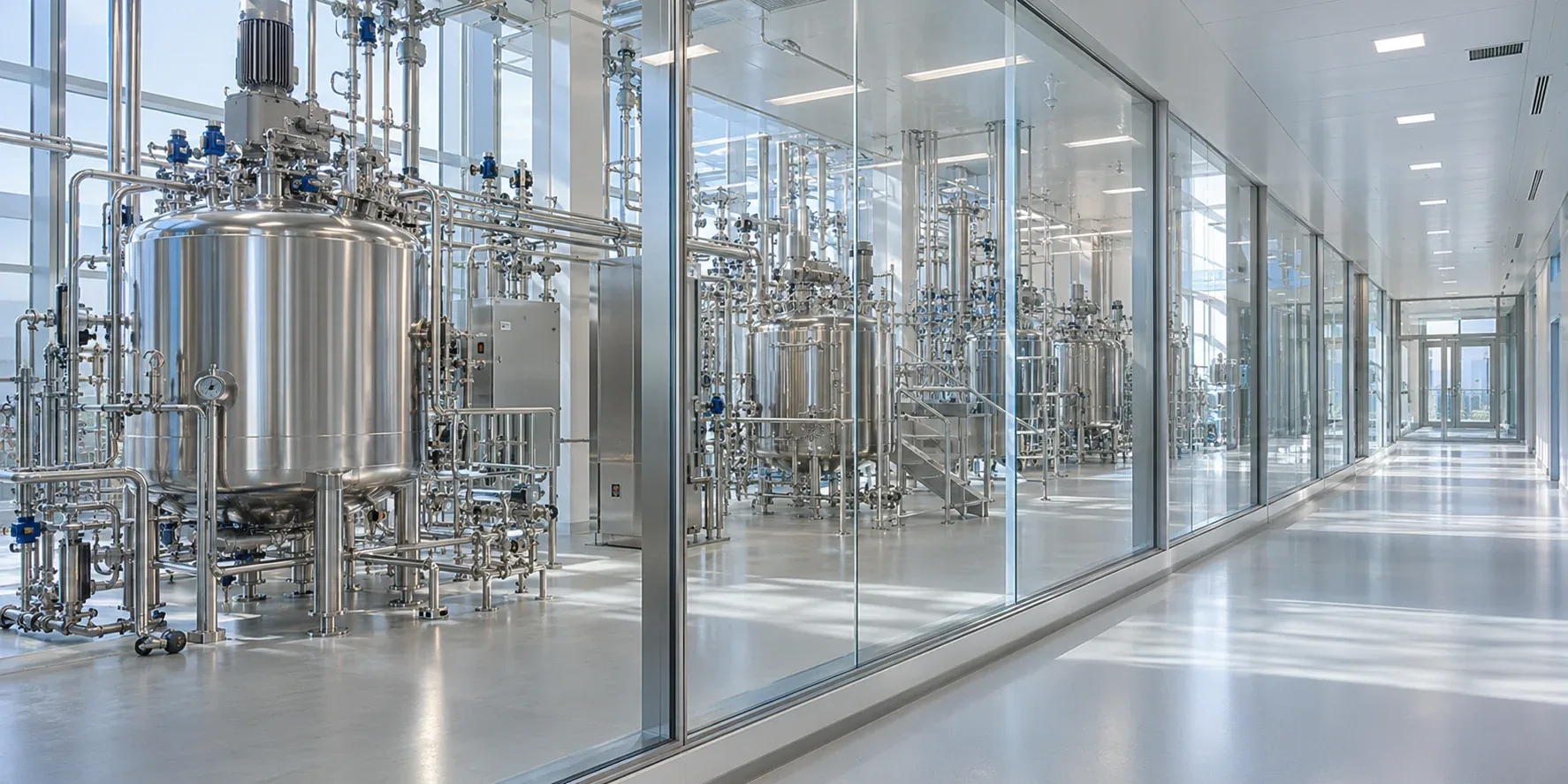 Illustrative pharmaceutical production facility with stainless steel processing equipment behind glass