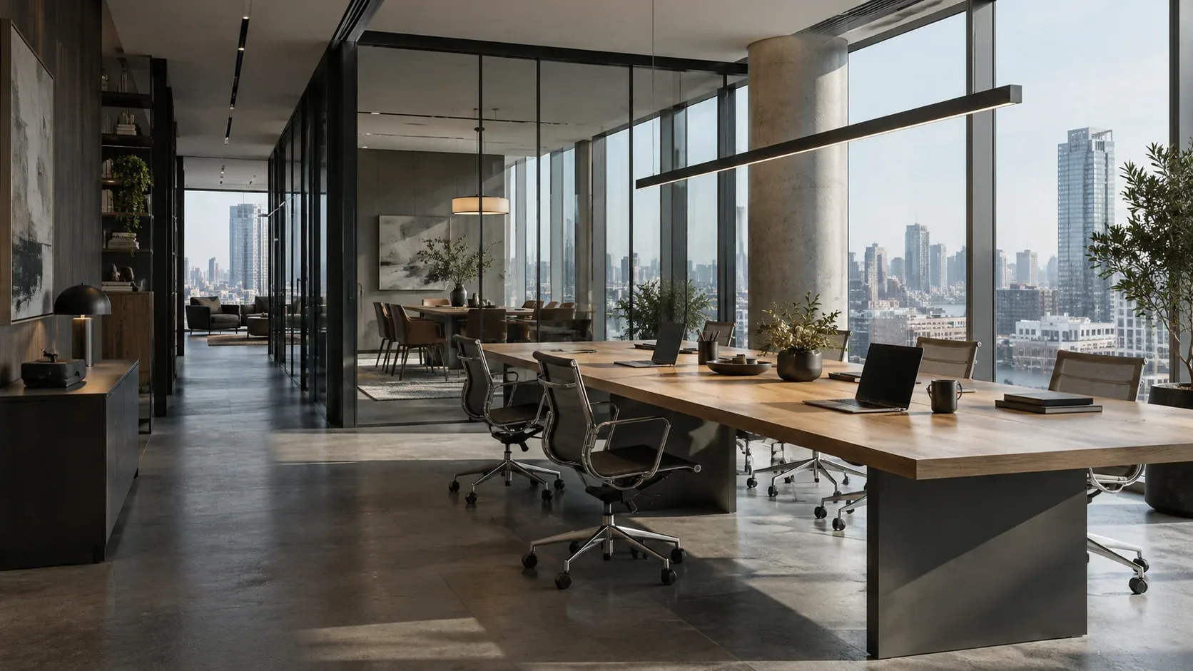 Illustrative contemporary professional services office with oak worktables, laptops, and glass meeting rooms