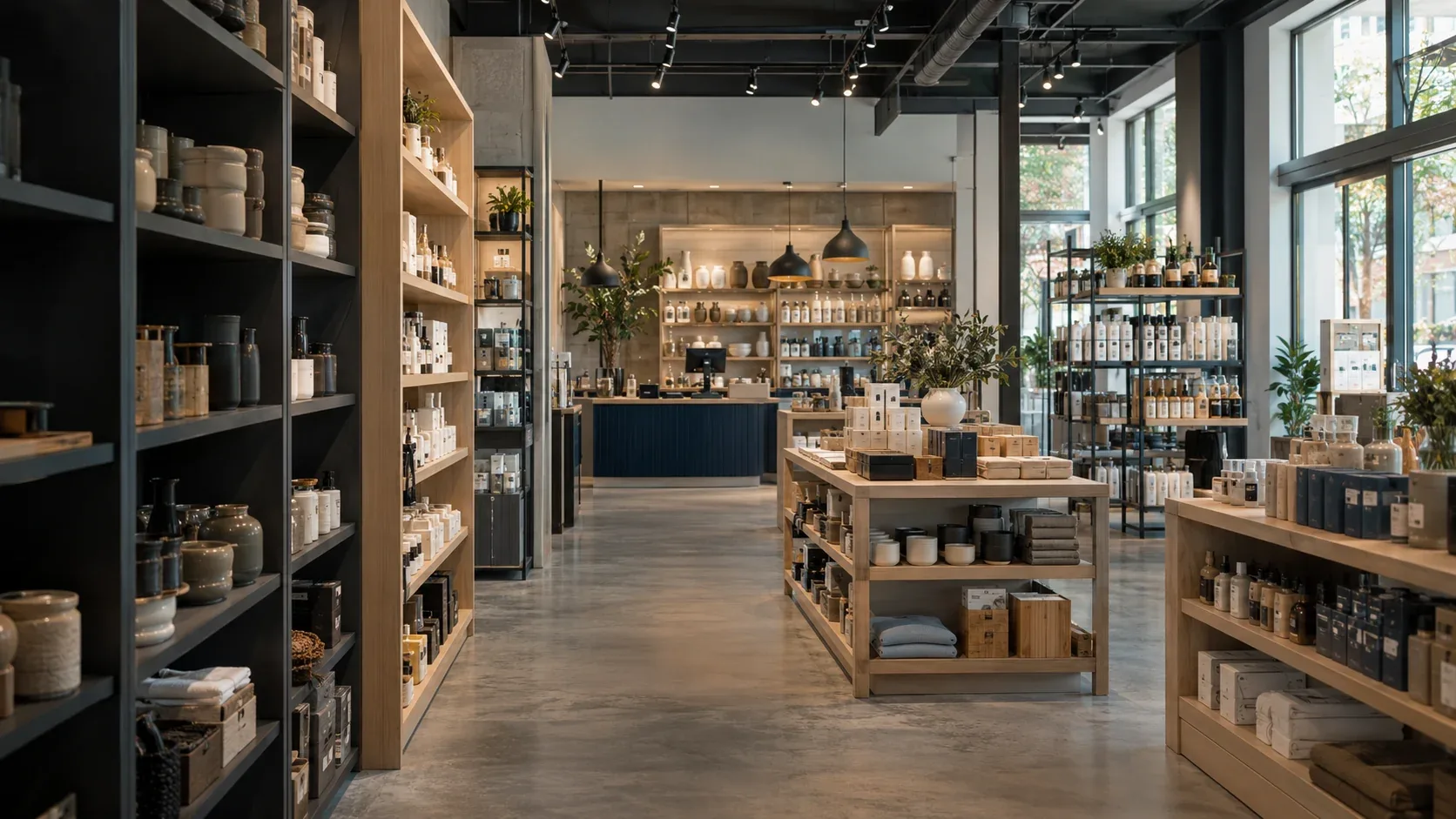 Illustrative contemporary retail store with organized shelves, homewares, and a discreet checkout area