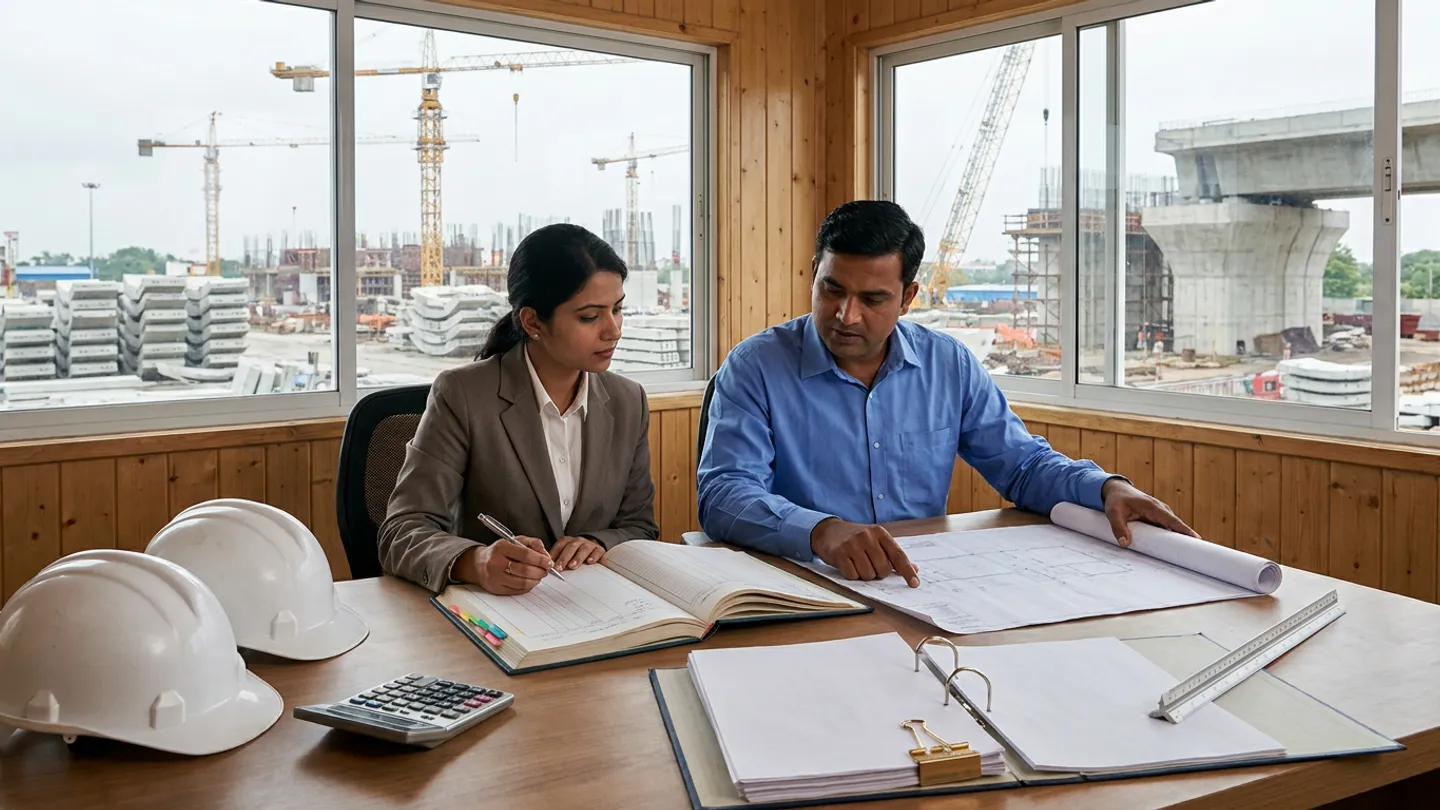 Indian female subcontractor commercial coordinator in a taupe blazer writing with a pen in an open colour-tabbed hardcover advance recovery ledger and male contracts billing manager in a blue button-down shirt pointing at an unrolled civil foundation layout drawing at a timber site office table with an open two-ring contract binder clipped with a brass binder clip, a triangular scale ruler, two white safety helmets, and a desktop calculator overlooking a viaduct construction yard with tower cranes and stacked precast concrete segments