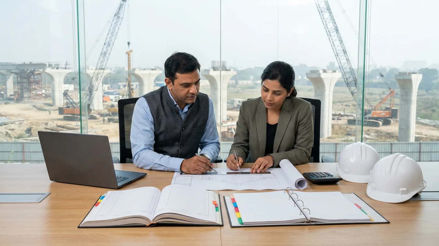 Indian male senior quantity reviewer in a charcoal waistcoat over a light-blue shirt and female document-control lead in an olive-grey blazer seated at an oak table cross-checking an unrolled structural drawing with a steel straightedge ruler and pens alongside an open colour-tabbed hardcover measurement register, an open three-ring binder flagged with colour tabs, an open dark-grey laptop, a desktop calculator, and two white safety helmets overlooking concrete viaduct piers and crawler cranes