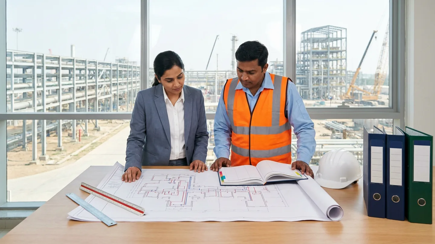 Indian female lead as-built documentation engineer in a slate-grey blazer and male field piping engineer in a light-blue shirt and orange high-visibility vest standing at an oak drafting table comparing an unrolled architectural and piping layout drawing with red and blue routing lines against an open colour-tabbed hardcover as-built revision register, beside an aluminium triangular scale ruler, a steel straightedge, a white safety helmet, and three upright navy and forest-green lever-arch binders overlooking industrial pipe racks and steel structures