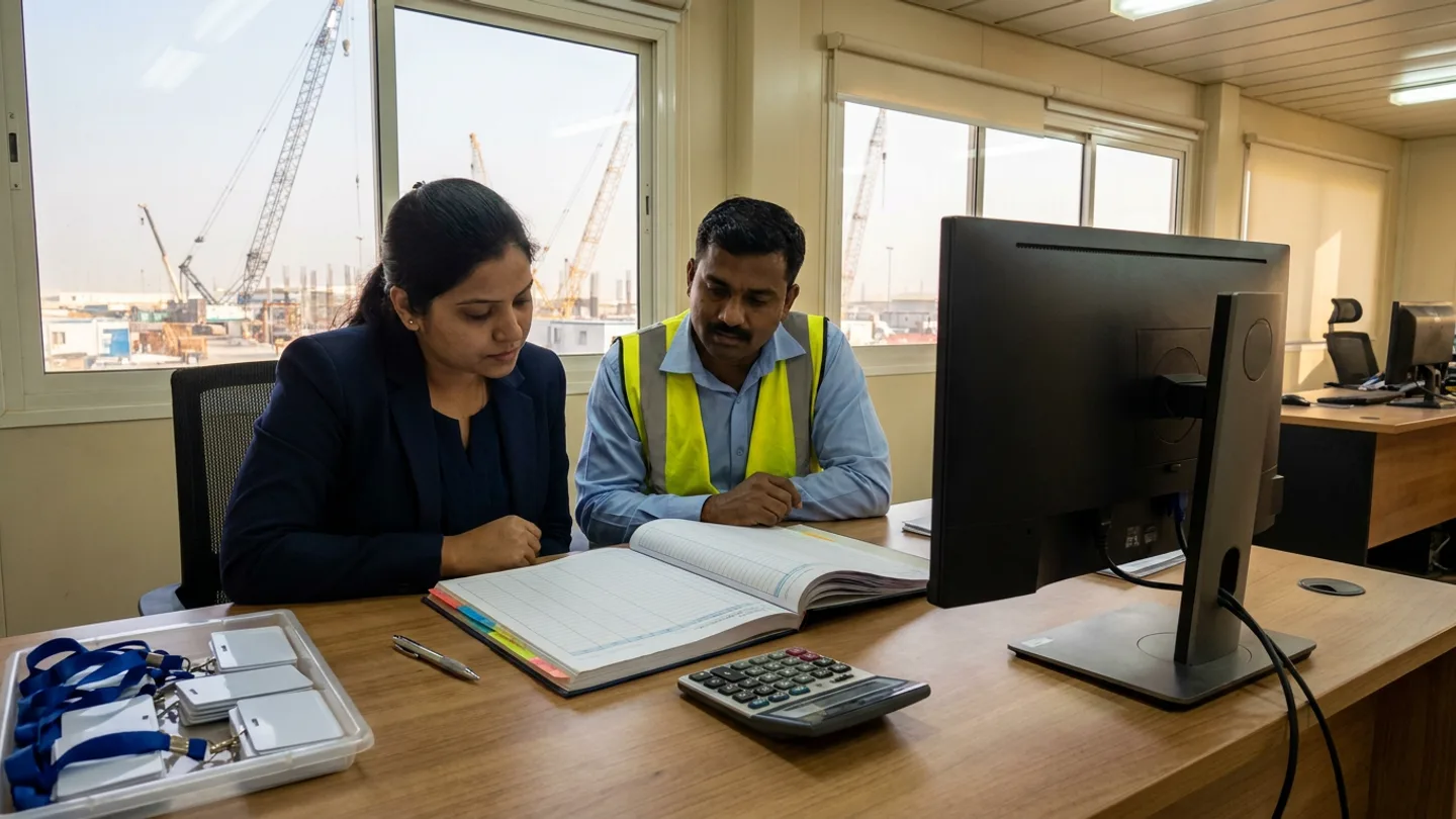 Indian female HR and payroll lead in a navy blazer and male site timekeeping coordinator in a light-blue shirt and high-visibility vest seated at a site office desk comparing an open colour-tabbed attendance ledger with a desktop calculator, a tray of blank white RFID access badges with blue lanyards, and a desktop monitor overlooking crawler cranes