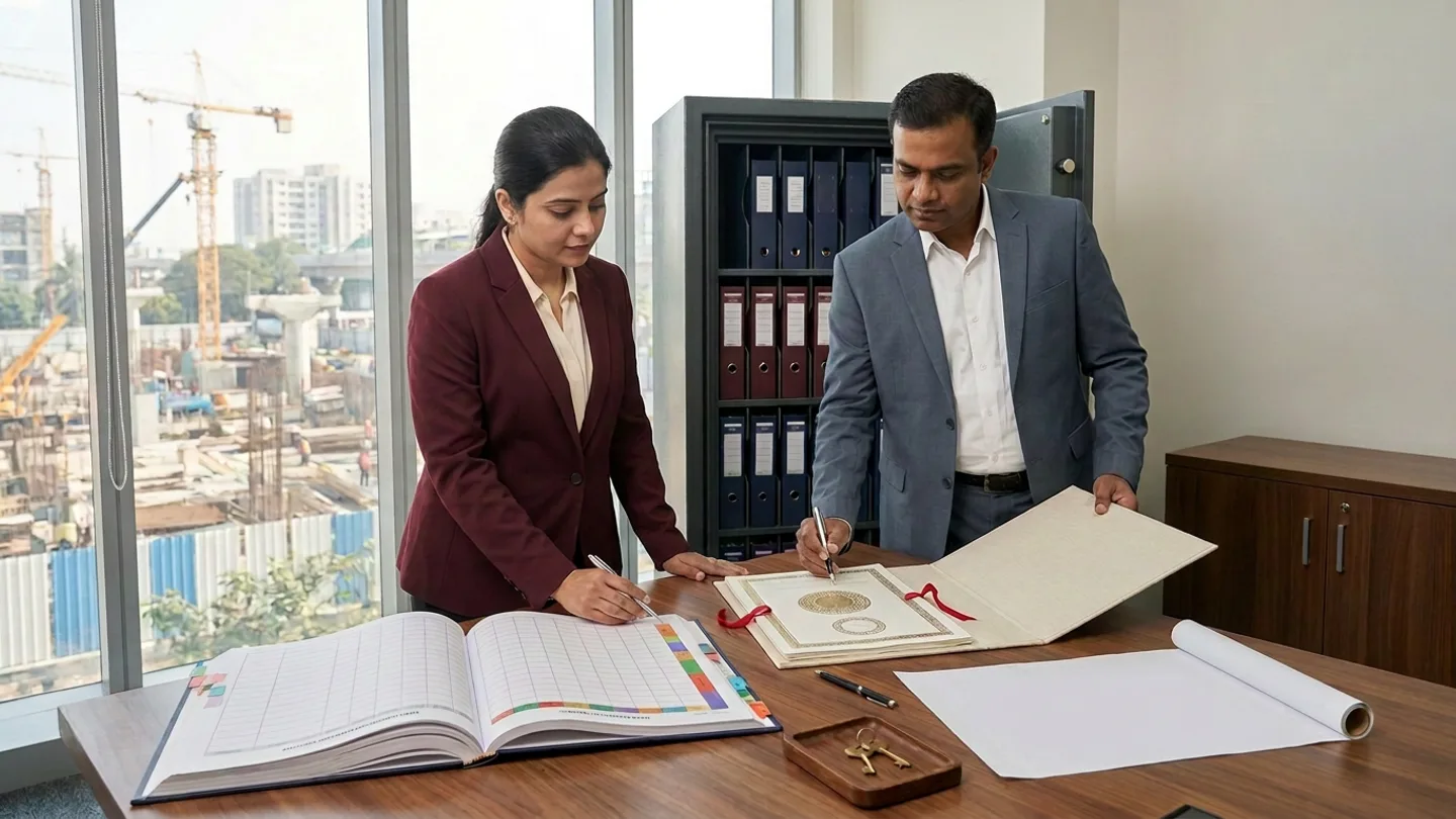 Indian female treasury and contract administration manager in a burgundy blazer and male commercial contracts lead in a slate-grey suit standing beside an open dark-grey steel safe holding navy and maroon archival binders, reviewing an open colour-tabbed hardcover bank-guarantee milestone register and an open cream linen portfolio containing embossed gold-seal bond sheets tied with red silk ribbons with pens at a walnut table alongside a wooden tray with two brass keys and an unrolled drafting sheet overlooking an urban construction site