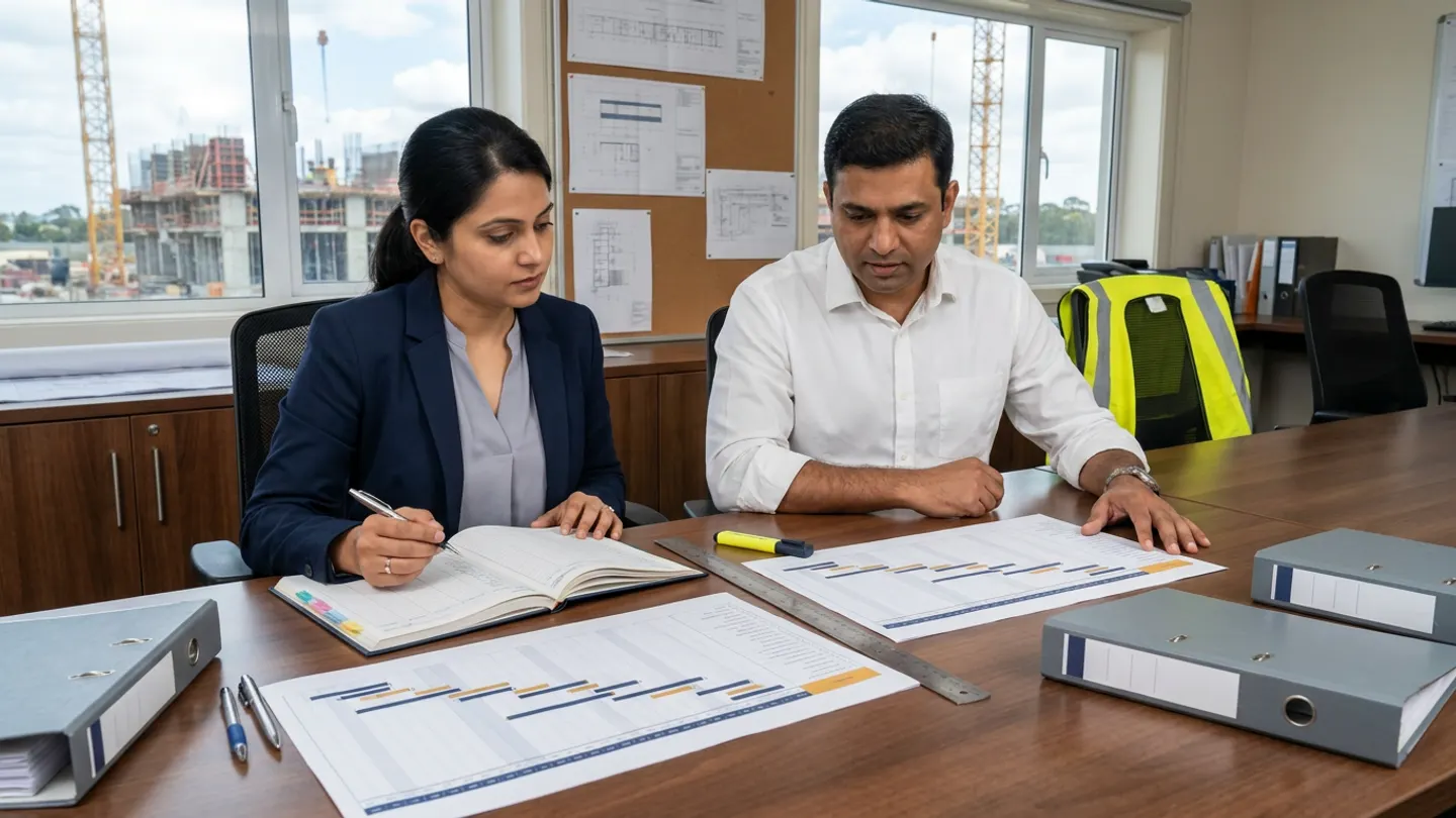 Indian female lead planning manager in a navy blazer writing in an open colour-tabbed schedule change-control logbook and male senior project execution manager in a white collared shirt with a yellow high-visibility vest draped over his chair seated at a dark-walnut conference table comparing two printed Gantt schedule sheets alongside a stainless-steel straightedge ruler, a yellow highlighter, two pens, and three grey lever-arch binders overlooking tower cranes