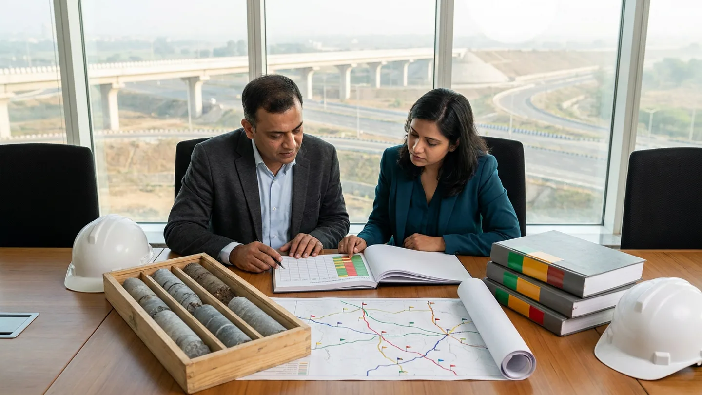 Indian male pre-construction director in a charcoal blazer and light-blue shirt and female commercial risk manager in a deep-teal blazer seated at a teak conference table reviewing an open colour-tabbed hardcover bid-qualification register with green, amber, and red status columns beside a wooden geotechnical core-sample box holding cylindrical grey rock and soil borehole samples, an unrolled regional route map marked with coloured lines and flag markers, three thick bound tender volumes with green, amber, and red spine bands, and two white safety helmets overlooking an elevated highway viaduct corridor