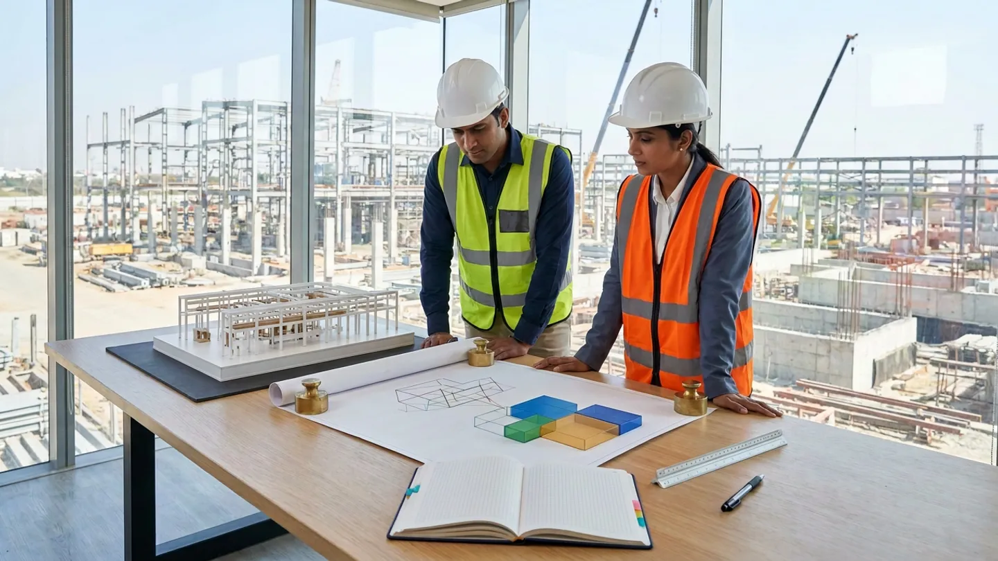 Indian male BIM coordination lead in a white safety helmet, navy collared shirt, and yellow-green high-visibility vest and female cost-controls engineer in a white safety helmet, slate-grey blazer over a white shirt, and orange high-visibility vest standing at a light-oak worktable inside a glass-walled studio overlooking an active structural steel and concrete plant site, reviewing an unrolled isometric structural line drawing held flat by three cylindrical brass paperweights showing geometric wireframes and blue, green, and amber zone blocks alongside a white architectural scale model on a charcoal mat, an open colour-tabbed hardcover cost-code register, a silver triangular scale ruler, and a black technical pen