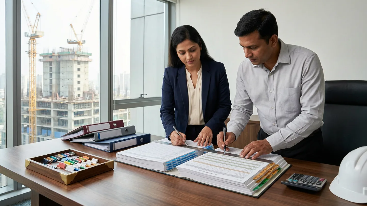 Indian female chief estimator in a navy blazer and cream blouse and male tender quantity surveyor in a light-grey button-down shirt standing at a walnut comparison table aligning two open hardcover Bill of Quantities schedule volumesโone marked with blue fore-edge index tabs and the other with amber and green revision tabsโusing a steel straightedge ruler and pens, beside three stacked burgundy, slate, and navy lever-arch binders, a brass-trimmed wooden tray of colour-coded revision clips, a desktop calculator, and a white safety helmet overlooking a tower crane construction site