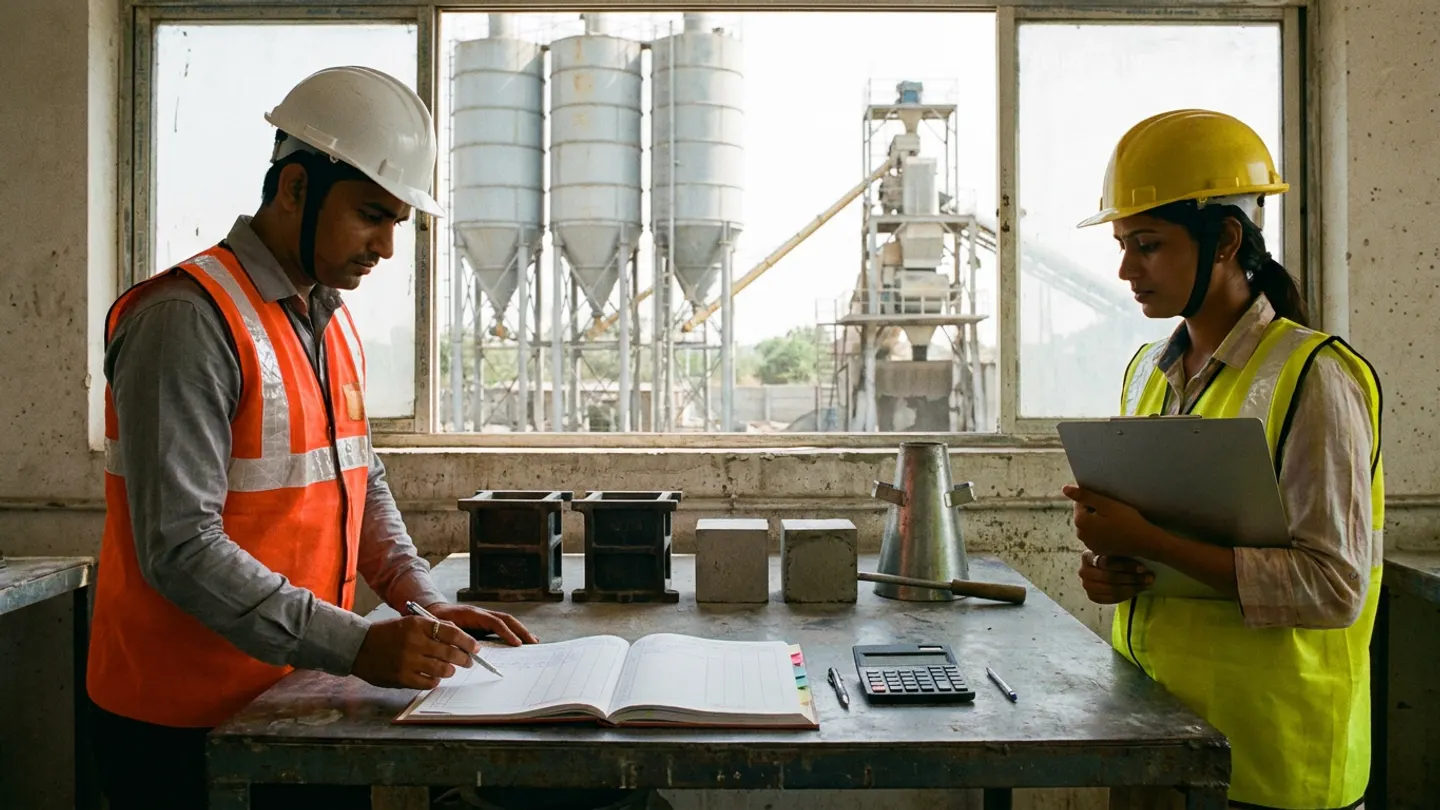 Indian concrete quality engineer in a white safety helmet and orange high-visibility vest pointing with a pen to an open colour-tabbed reconciliation ledger and female site material controller in a yellow safety helmet and yellow high-visibility vest holding a brushed-aluminium clipboard at a steel testing table with two cast-iron cube moulds, two unmarked grey concrete test cubes, a steel slump cone and tamping rod, a matte-black calculator, and two pens in front of a window overlooking three cement silos and a batching plant tower