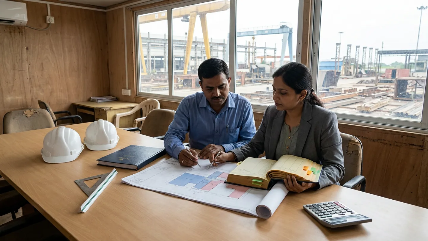 Indian commercial manager in a blue button-down shirt and female project cost engineer in a grey blazer seated at a light-oak conference table pointing with pens at an unrolled structural modification drawing with shaded blue and pink bays alongside a closed dark-navy baseline budget ledger, an open amber-and-green-tabbed pending change order register, two white safety helmets, a triangular scale ruler with a steel set square, and a desktop calculator overlooking an industrial steel fabrication yard with gantry cranes