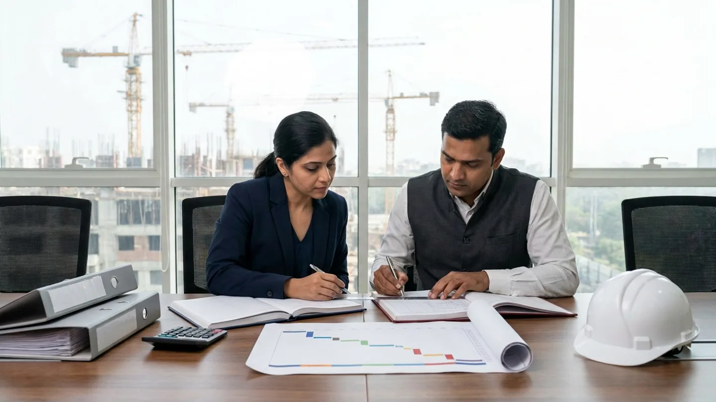 Indian female commercial manager in a navy blazer and male project finance controller in a charcoal waistcoat over a white shirt seated at a conference table reconciling two open hardcover payment-certificate and deduction registers with pens and a steel straightedge ruler against an unrolled waterfall deduction chart, flanked by two stacked grey lever-arch binders and a desktop calculator on the left and a white safety helmet on the right overlooking tower cranes and concrete building frames