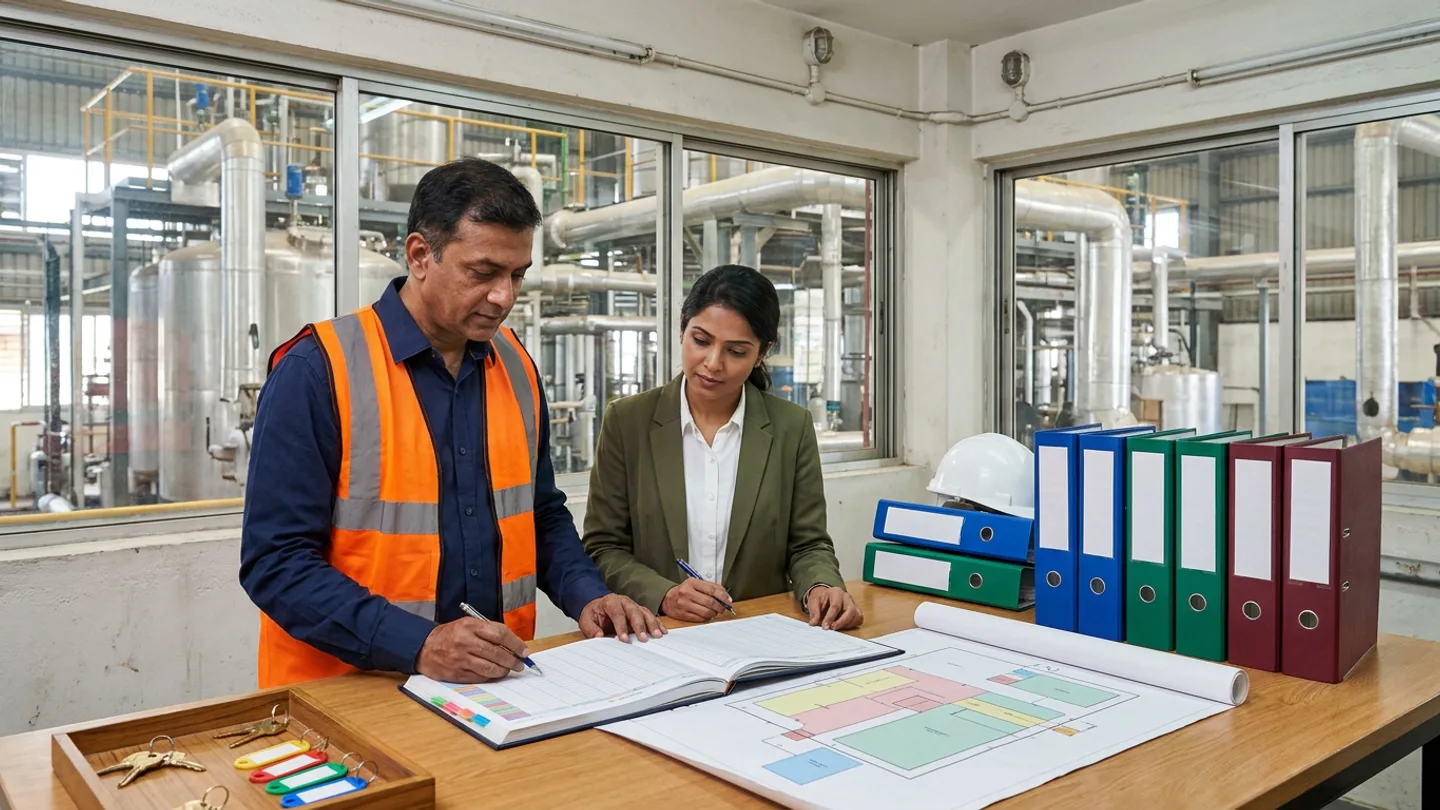 Indian male lead commissioning manager in a navy work shirt and orange high-visibility vest and female system turnover coordinator in an olive-green blazer standing at an oak sorting table reviewing an open colour-tabbed hardcover commissioning readiness register with pens beside an unrolled colour-zoned subsystem layout diagram, upright and stacked royal-blue, emerald-green, and burgundy lever-arch dossier binders, a white safety helmet, and a wooden tray holding brass keys with colour-coded tags overlooking stainless-steel process vessels and insulated piping