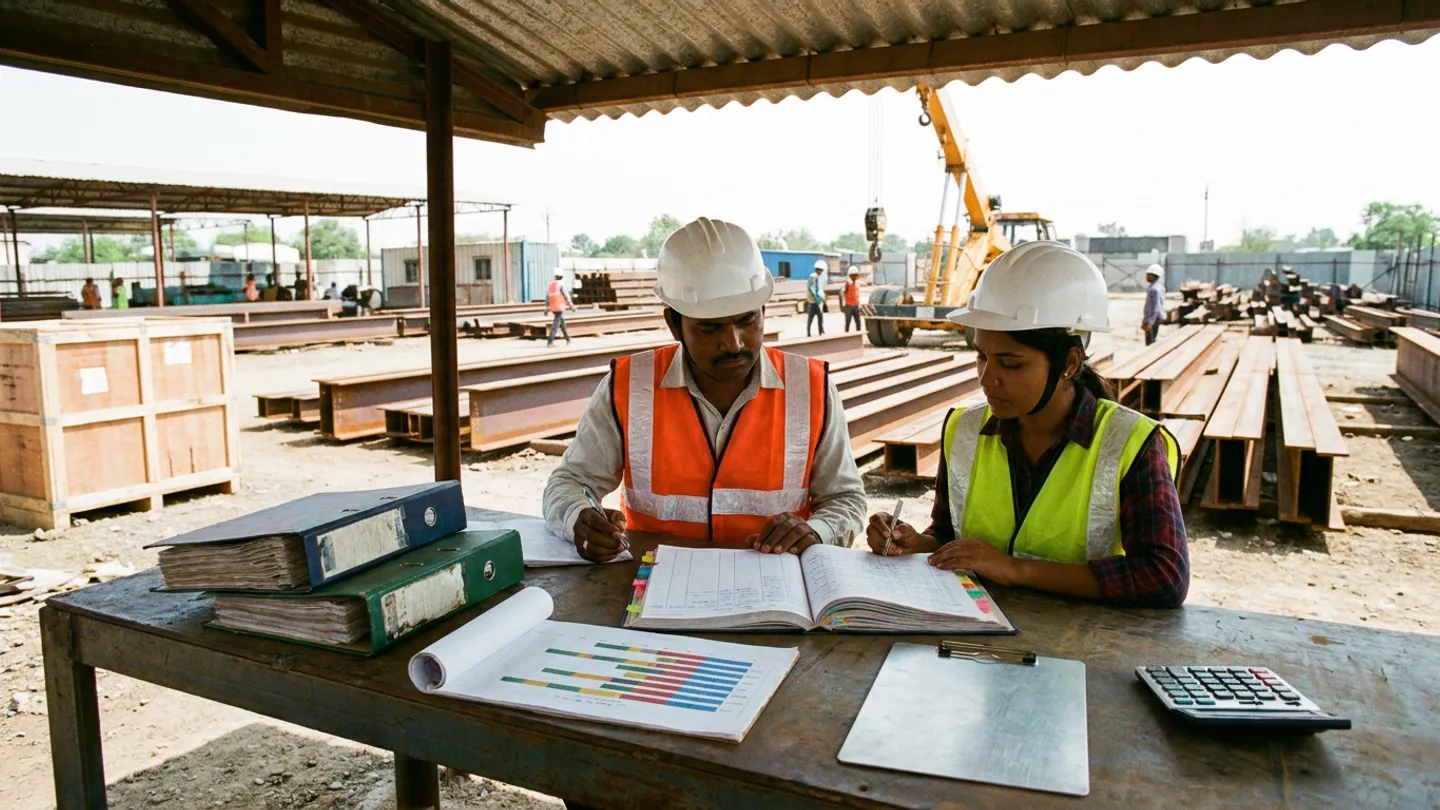 Indian project cost controller in a white safety helmet and orange high-visibility vest and female subcontract procurement engineer in a white safety helmet and yellow-green high-visibility vest reviewing an open colour-tabbed hardcover committed-cost register with pens at a steel-and-timber field table holding stacked navy and green lever-arch binders, an unrolled horizontal bar-chart schedule, a brushed-aluminium clipboard, and a desktop calculator under an open-sided canopy overlooking stacked steel H-beams, wooden crates, and a mobile crane