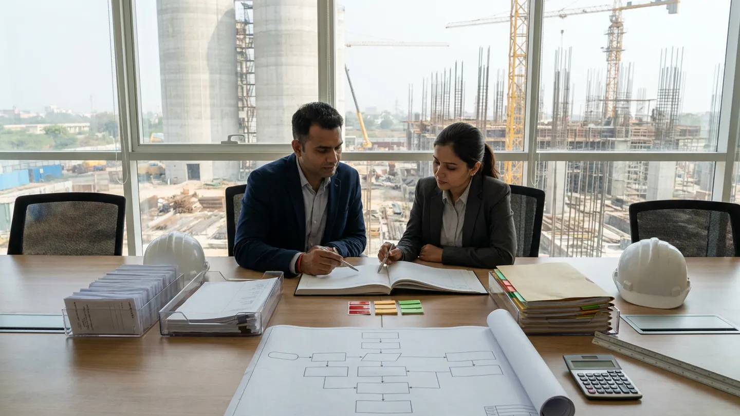 Indian project accounts payable lead in a navy blazer and female site commercial auditor in a grey blazer reviewing an open hardcover AP exception register with pens at a conference table holding red, amber, and green index tabs, two clear document trays with voucher packets and tabbed exception folders, an unrolled workflow diagram, two white safety helmets, a triangular scale ruler, and a desktop calculator overlooking twin concrete silos, tower cranes, and column rebar cages