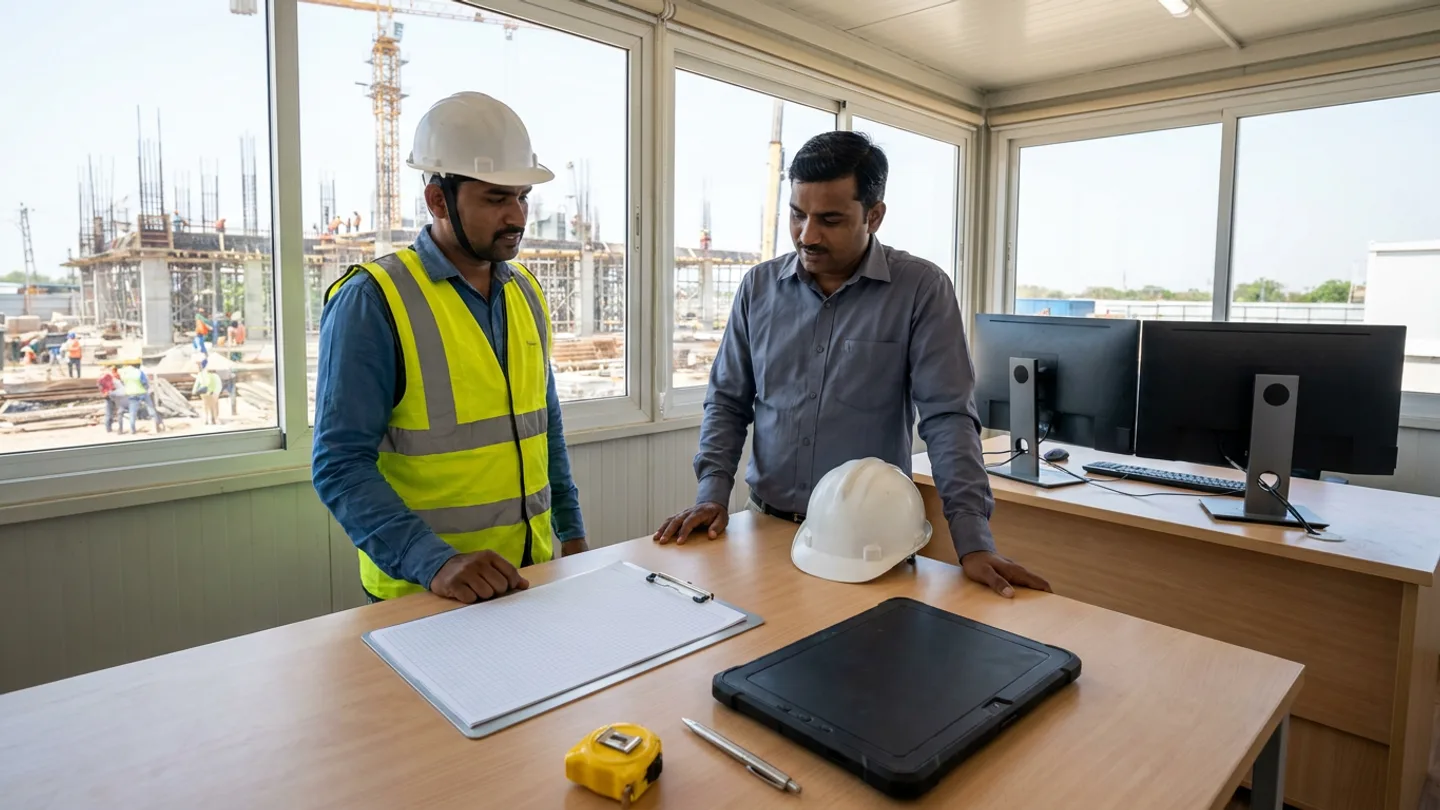 Two Indian project engineering and systems operations leadsโone in a white safety helmet and yellow high-visibility vest over a denim shirt, the other in a slate-grey collared shirt with a white hard hat resting on the tableโstanding at a light-timber cabin worktable reviewing a ruled worksheet on an aluminium clipboard beside a switched-off matte-black rugged field tablet, a yellow steel tape measure, and a metal pen overlooking a concrete construction site