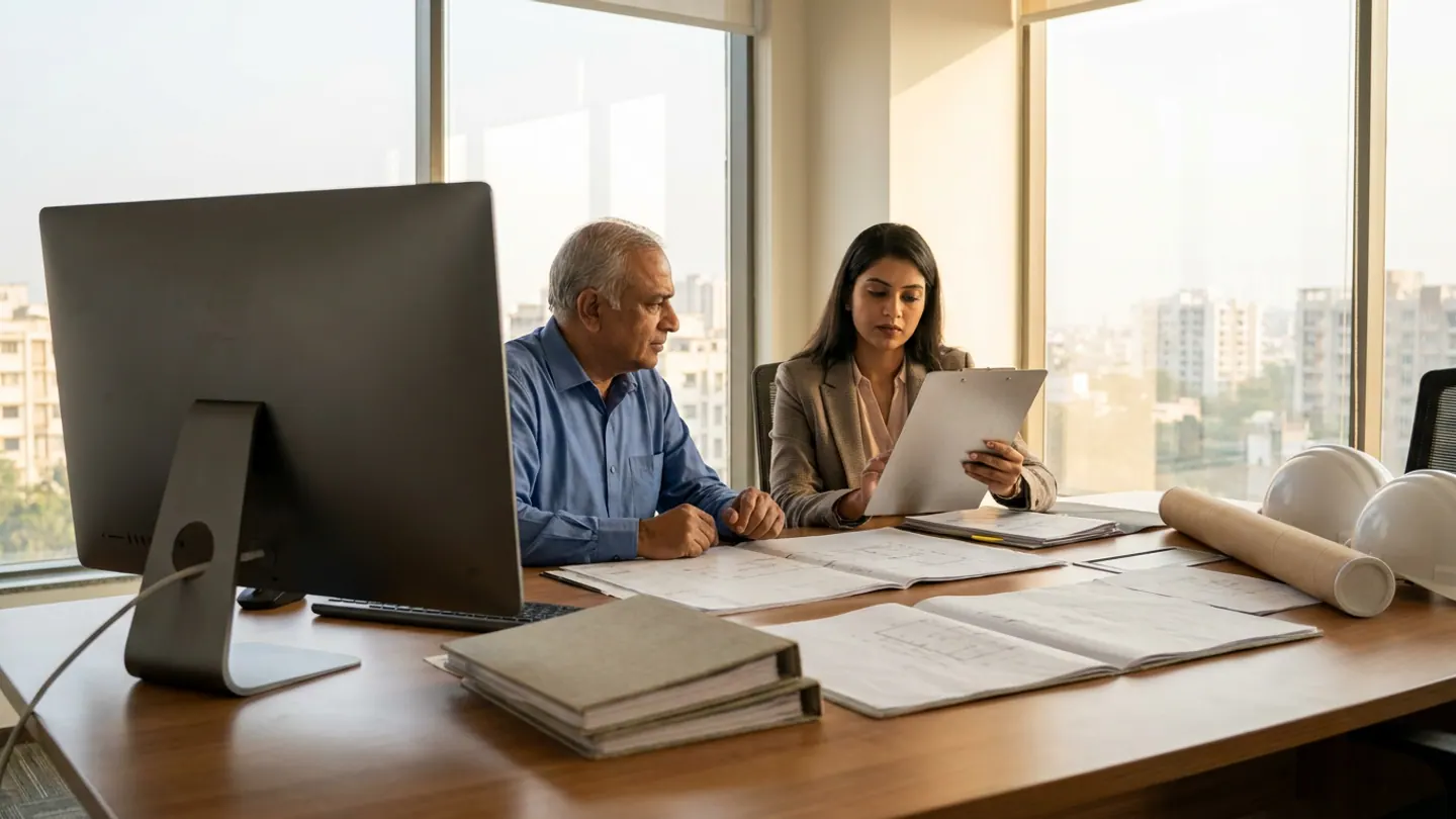 Senior Indian contracts director and commercial billing manager reviewing schematic drawings and contract binders at a timber conference table with an unbranded monitor, blueprint tube, and white site hard hats.