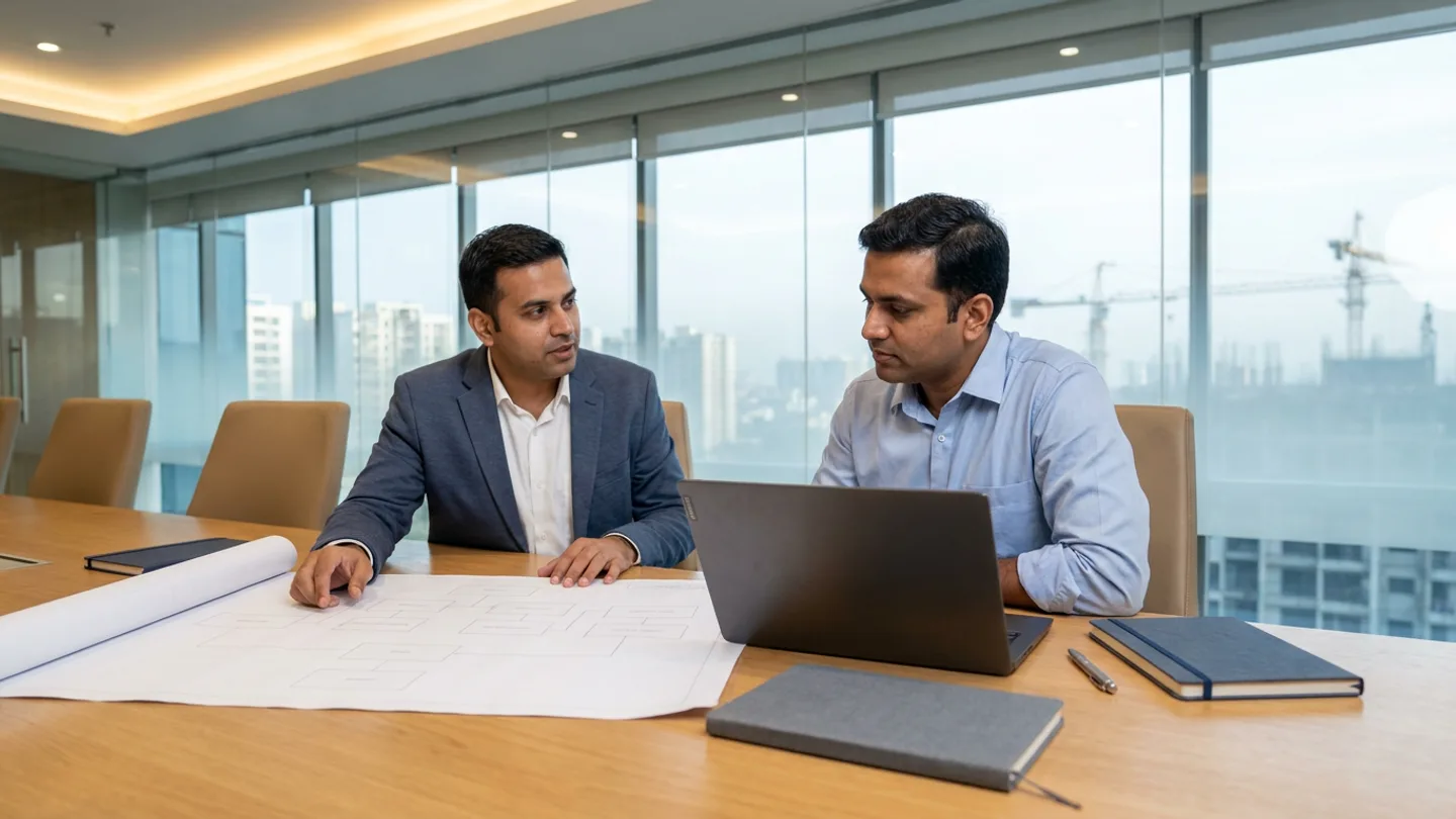 Two Indian enterprise systems and project controls leads in a slate-navy blazer and a light-blue collared shirt seated at a natural-oak conference table examining a large unrolled architectural system block-diagram sheet beside an open dark-grey laptop, closed grey and navy notebooks, and a brushed-steel pen in a glass-walled boardroom overlooking urban tower cranes