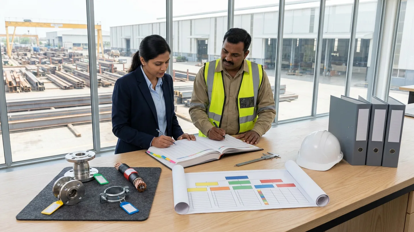 Indian female master-data governance lead in a navy blazer and male central stores cataloguing engineer in a khaki shirt and yellow-green high-visibility vest standing at a light-ash workbench reviewing an open colour-tabbed hardcover item-and-cost-code master register with pens beside a dark-grey felt pad holding two flanged stainless-steel spools, a galvanized pipe clamp, and an armoured copper cable sample with colour-coded tags, an unrolled hierarchical taxonomy chart, a vernier caliper, a white safety helmet, and three upright grey lever-arch binders overlooking a steel stockyard with gantry cranes