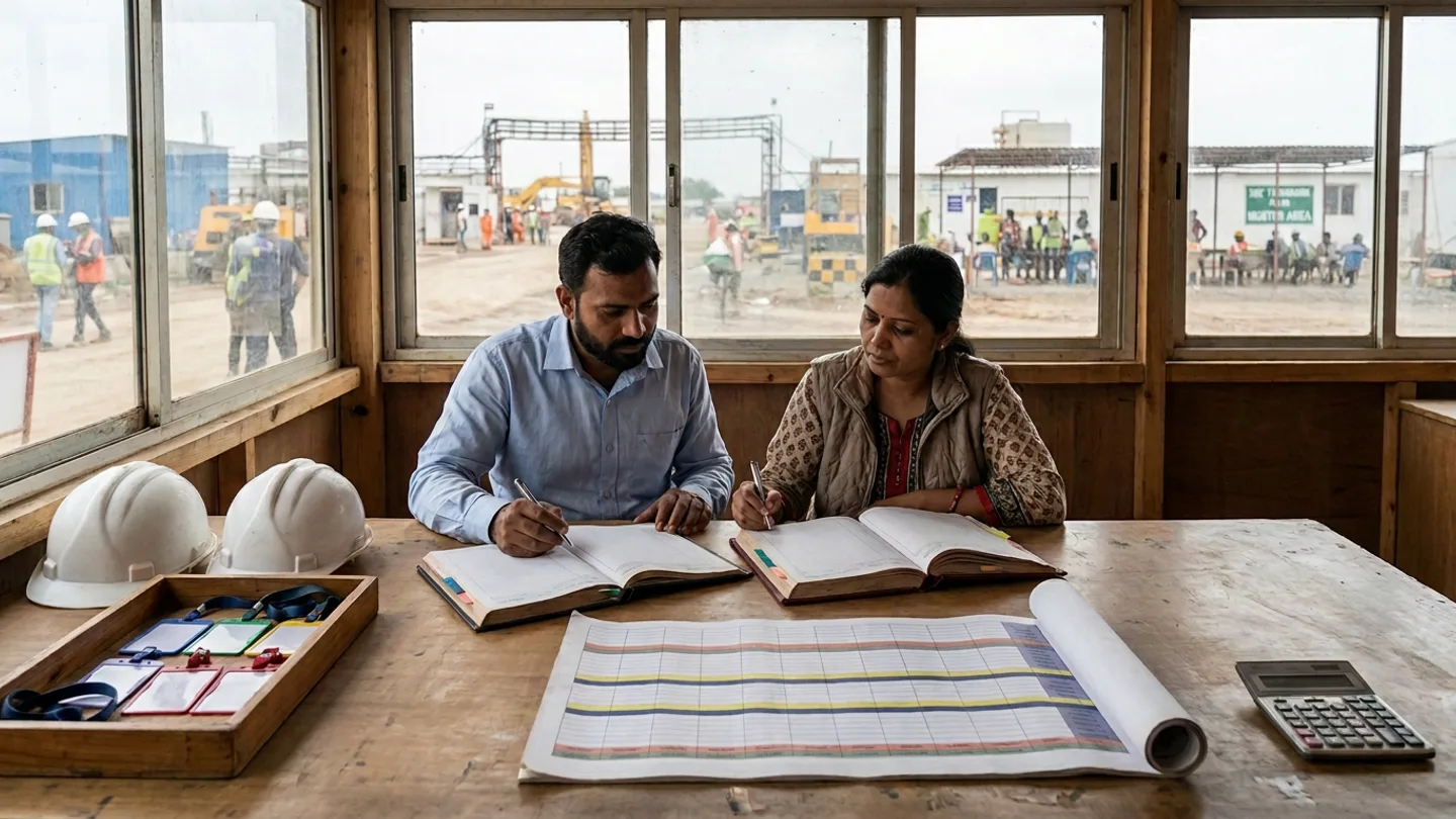 Indian project HR and payroll manager in a light-blue button-down shirt and female industrial relations officer in a patterned kurti and quilted vest reviewing two open colour-tabbed hardcover attendance and wage registers with pens at a timber site office table holding a wooden tray of blank colour-framed worker ID badge holders on lanyards, two white safety helmets, an unrolled shift-roster matrix chart with colour-coded horizontal bands, and a desktop calculator overlooking a construction site muster area
