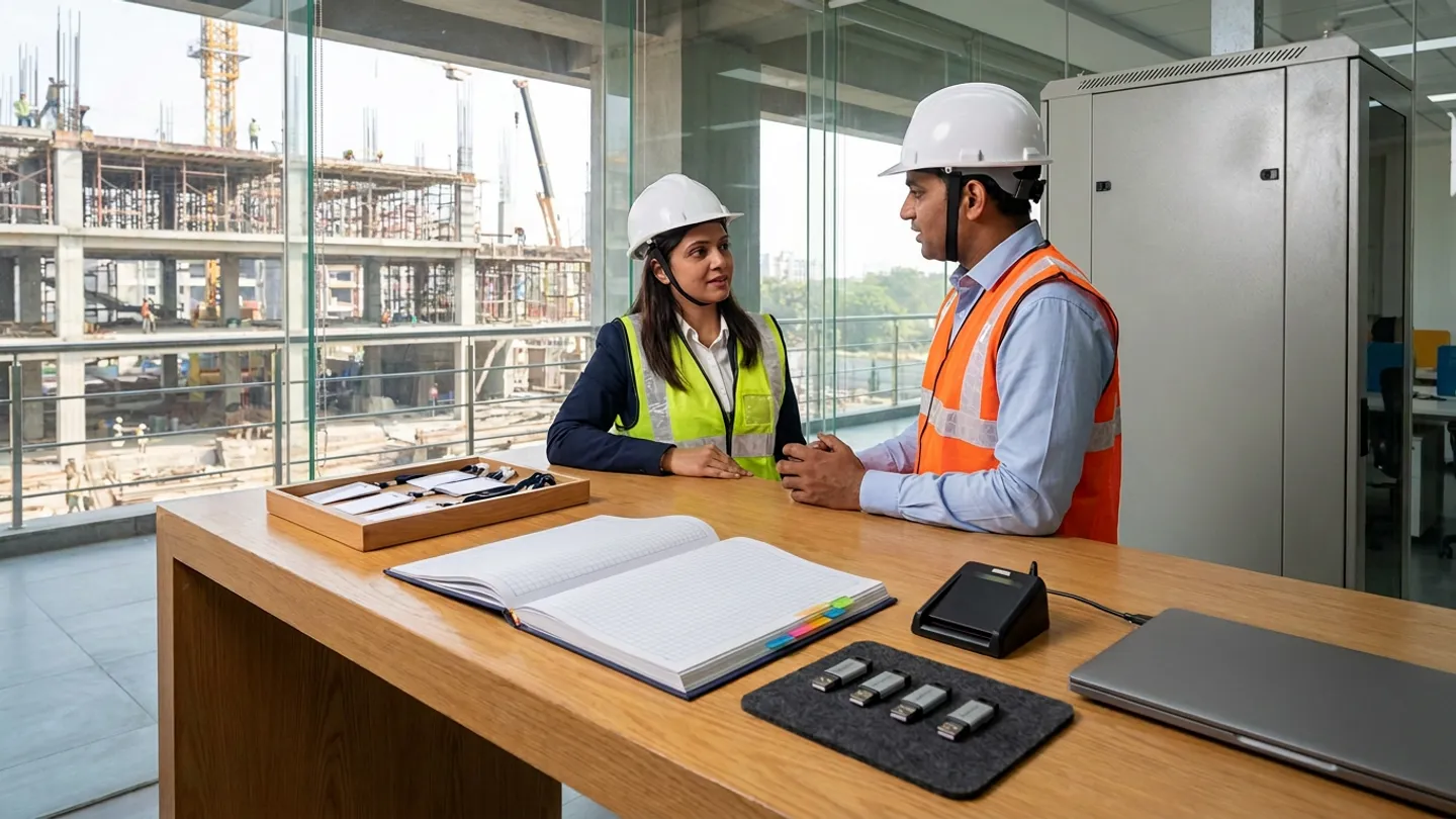 Indian female project IT security lead in a white safety helmet, navy blazer over a white shirt, and yellow-green high-visibility vest and male subcontractor onboarding coordinator in a white safety helmet, light-blue shirt, and orange high-visibility vest standing at a warm oak counter inside a glass-partitioned site office with a brushed-steel network cabinet and active construction site behind them, reviewing an open colour-tabbed navy hardcover access-control register beside a wooden tray of blank white RFID smartcards with navy lanyards, four silver-and-black USB hardware security keys on a charcoal felt pad, a matte-black desktop smartcard reader, and a closed dark-grey laptop