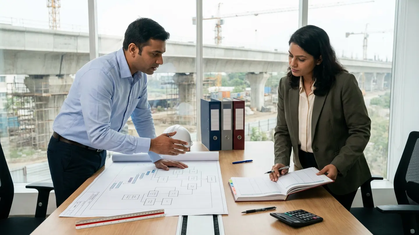 Indian senior planning engineer in a light-blue button-down shirt and female project cost controller in an olive-charcoal blazer standing at a wide natural-oak planning table reviewing an unrolled construction WBS network and schedule chart beside an open colour-tabbed cost-code register book, an aluminium triangular scale ruler, three upright navy, grey, and burgundy lever-arch binders, a white safety helmet, a matte-black calculator, and three pens overlooking a concrete viaduct construction site