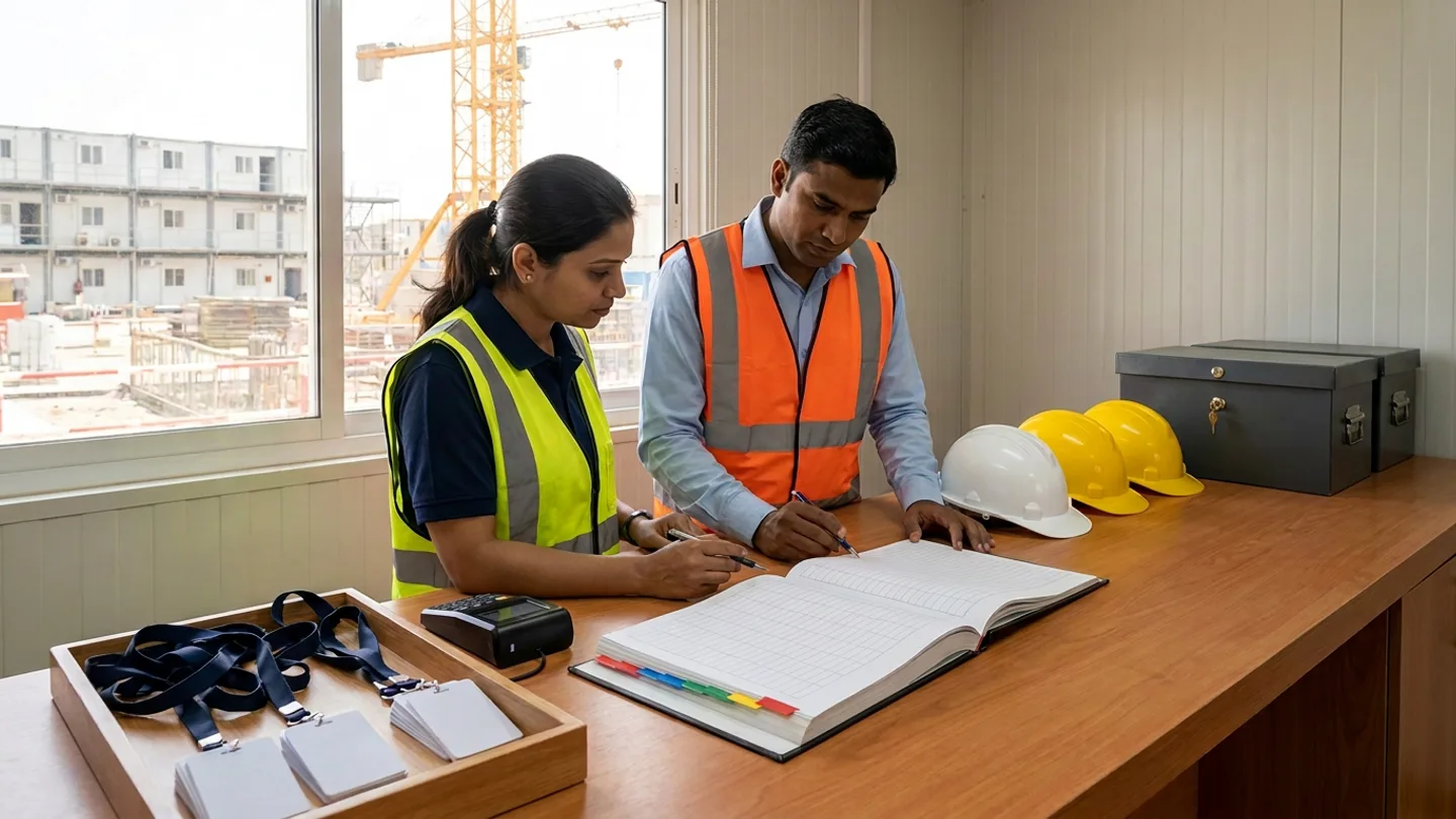 Indian female site HR onboarding officer in a navy collared shirt and yellow-green high-visibility vest and male EHS induction coordinator in a light-blue collared shirt and orange high-visibility vest standing at a timber counter reviewing an open colour-tabbed hardcover worker-onboarding register with pens, flanked by a wooden tray holding stacks of blank white PVC smart cards on navy neck lanyards and a black desktop card reader pad on the left and one white and two yellow safety helmets and two locked charcoal-grey steel record storage boxes on the right overlooking modular site cabins and a tower crane