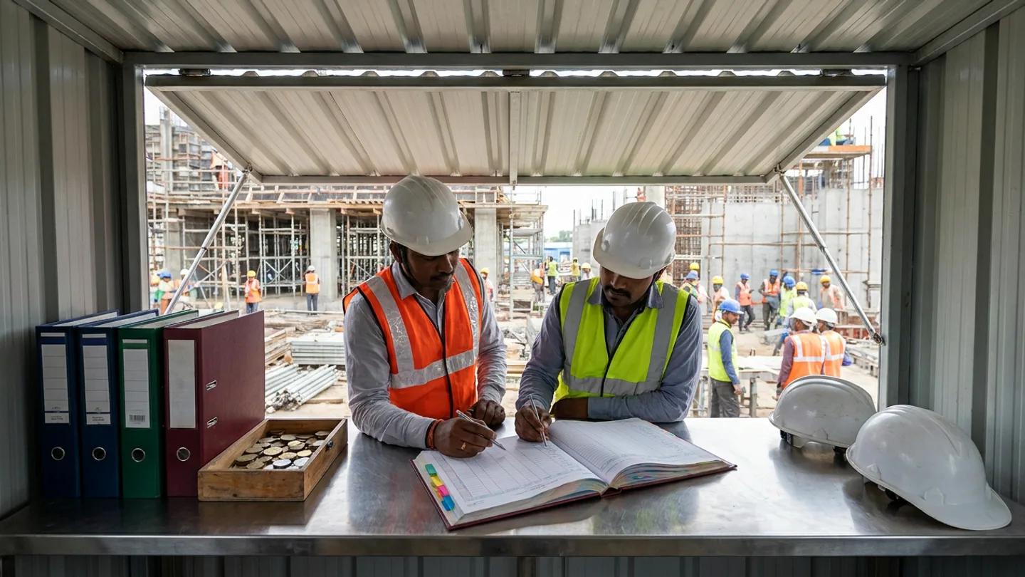 Indian labour compliance officer in a white safety helmet and orange high-visibility vest and male subcontractor timekeeper in a white safety helmet and yellow-green high-visibility vest reviewing an open colour-tabbed hardcover contractor statutory compliance register with pens at a stainless-steel counter inside a corrugated-metal verification kiosk with an open awning hatch, flanked by four upright lever-arch binders, a wooden box of blank brass and steel muster tokens, and two spare white safety helmets overlooking an active concrete construction site