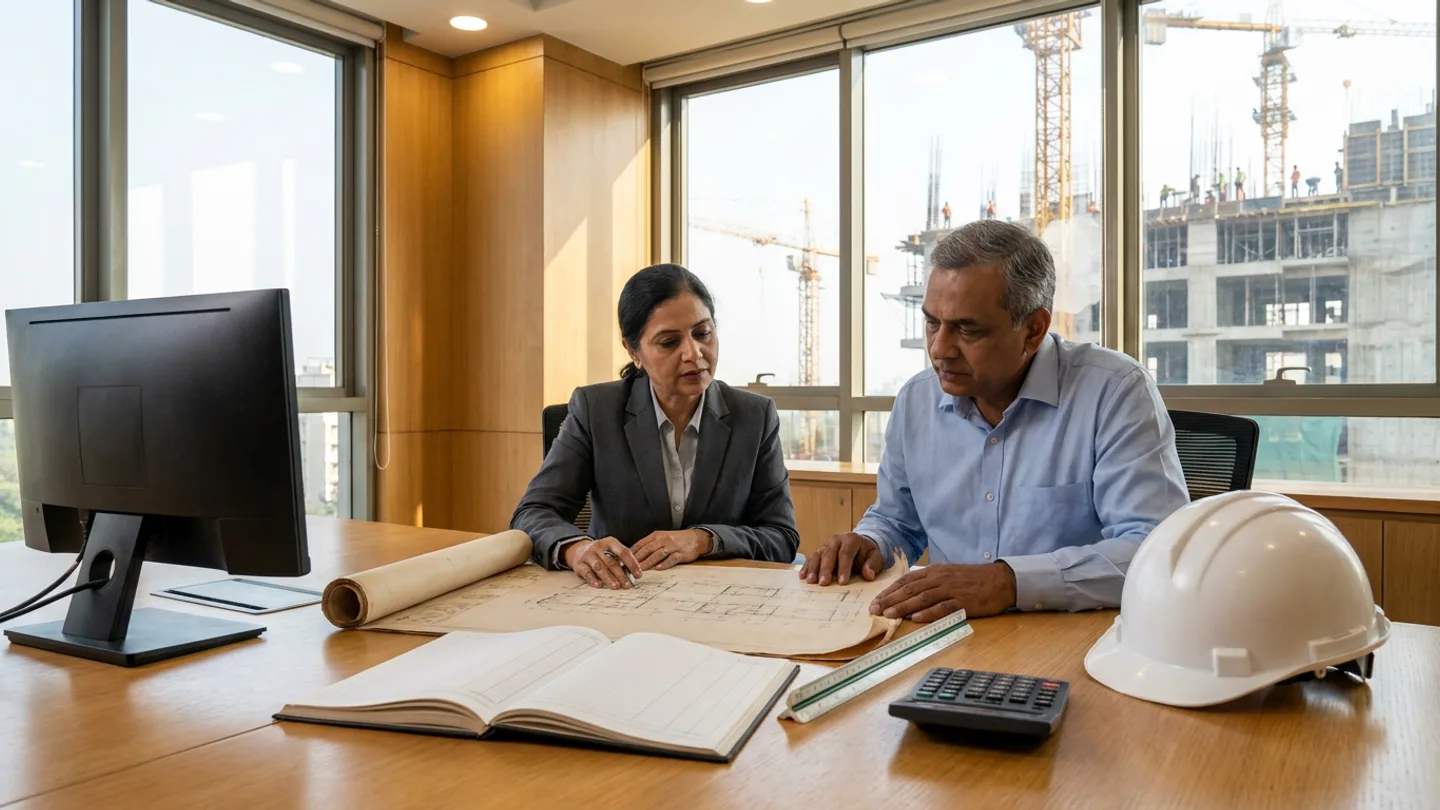 Senior Indian female commercial director in a grey blazer and male project controls manager in a light-blue collared shirt seated at a wooden office desk reviewing an unrolled construction floor plan beside an open ruled cost ledger, an aluminium triangular scale ruler, a desktop calculator, a white safety helmet, and a matte-black desktop monitor overlooking tower cranes