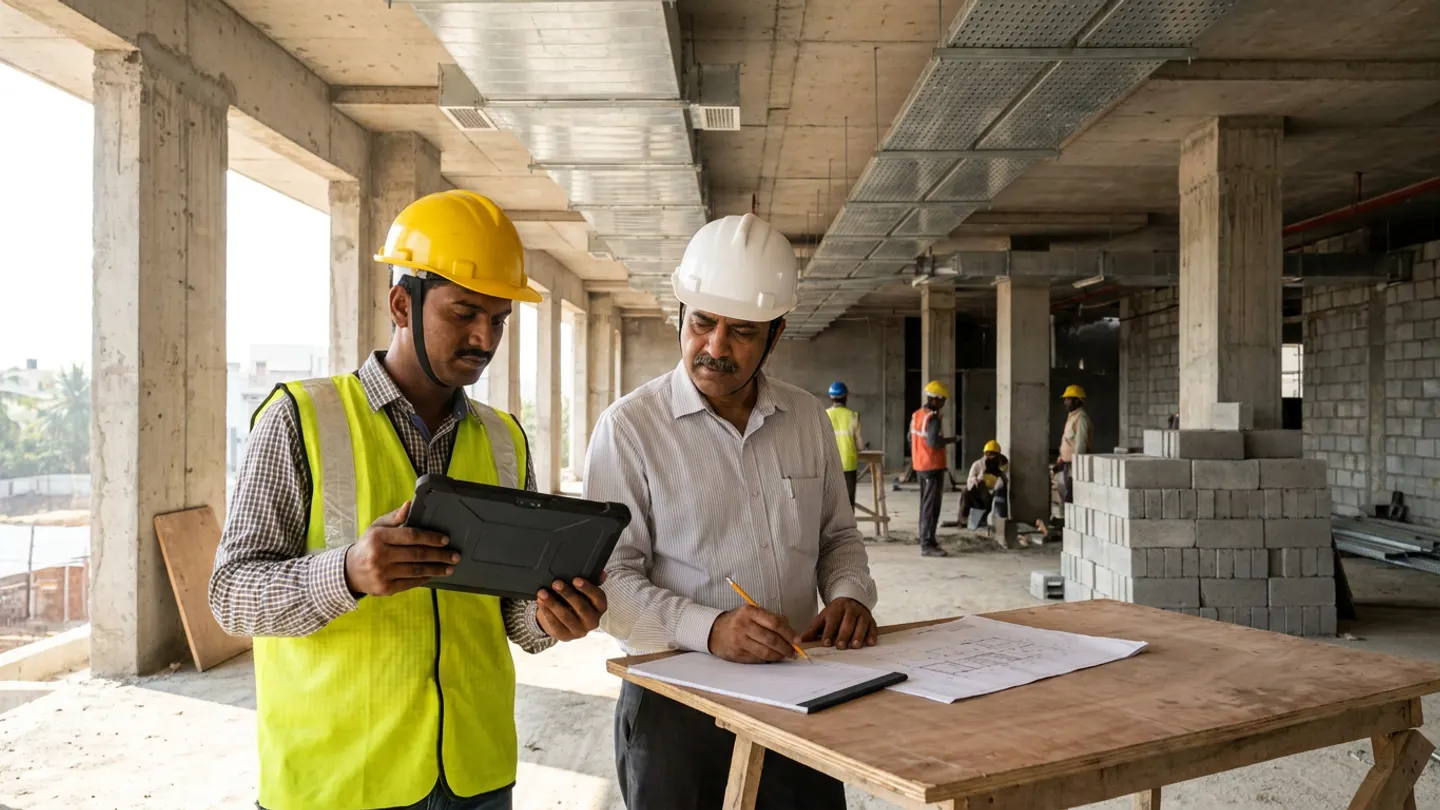 Indian field engineer in a yellow hard hat and high-visibility vest holding a rugged industrial tablet beside a senior planning supervisor in a white helmet marking a ruled correction pad on a plywood workbench inside a concrete building floorplate with overhead HVAC ductwork