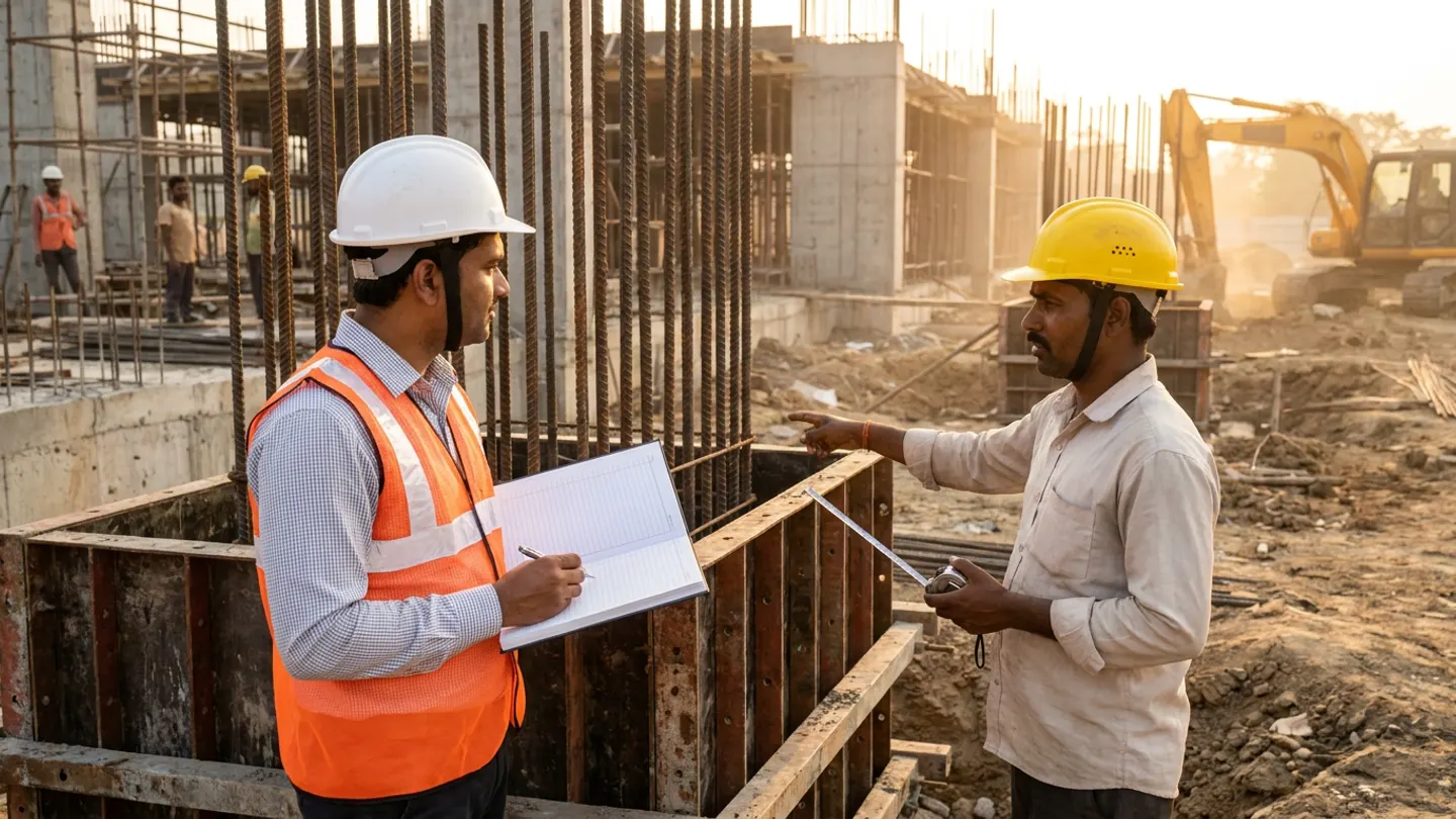 Indian civil planning engineer in a white helmet and orange reflective vest holding an open field logbook and pen while reviewing steel shuttering formwork and tied rebar column cages with a site foreman holding a measuring tape at golden hour