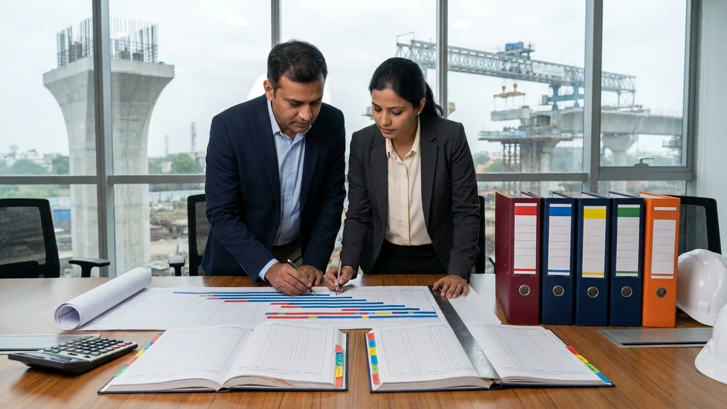 Indian male senior claims manager in a navy suit jacket over a light-blue shirt and female forensic planning engineer in a charcoal blazer over a cream blouse standing at a teak conference table aligning an unrolled time-impact bar chart with blue baseline and red delay bars and a steel straightedge ruler against two open colour-tabbed hardcover hindrance registers with pens, flanked by a desktop calculator on the left and five upright burgundy, navy, and orange lever-arch binders with colour-coded spine bands and two white safety helmets on the right overlooking concrete viaduct piers and a launching gantry