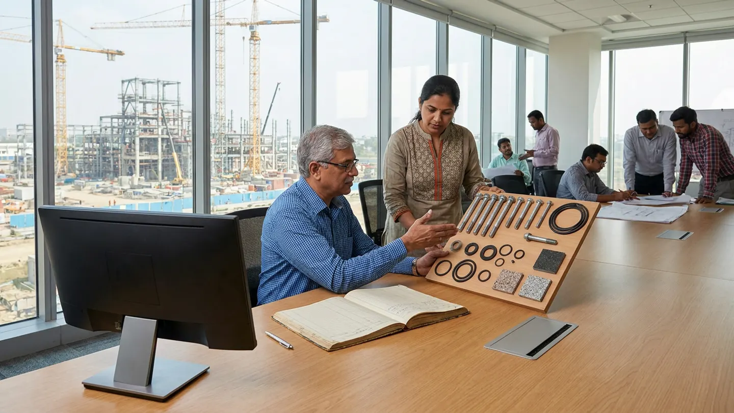 Senior Indian chief design engineer and female document-control coordinator reviewing a physical material submittal sample board of steel anchor bolts, rubber gaskets, and stone tiles beside an open submittal register in a glass-walled office overlooking tower cranes