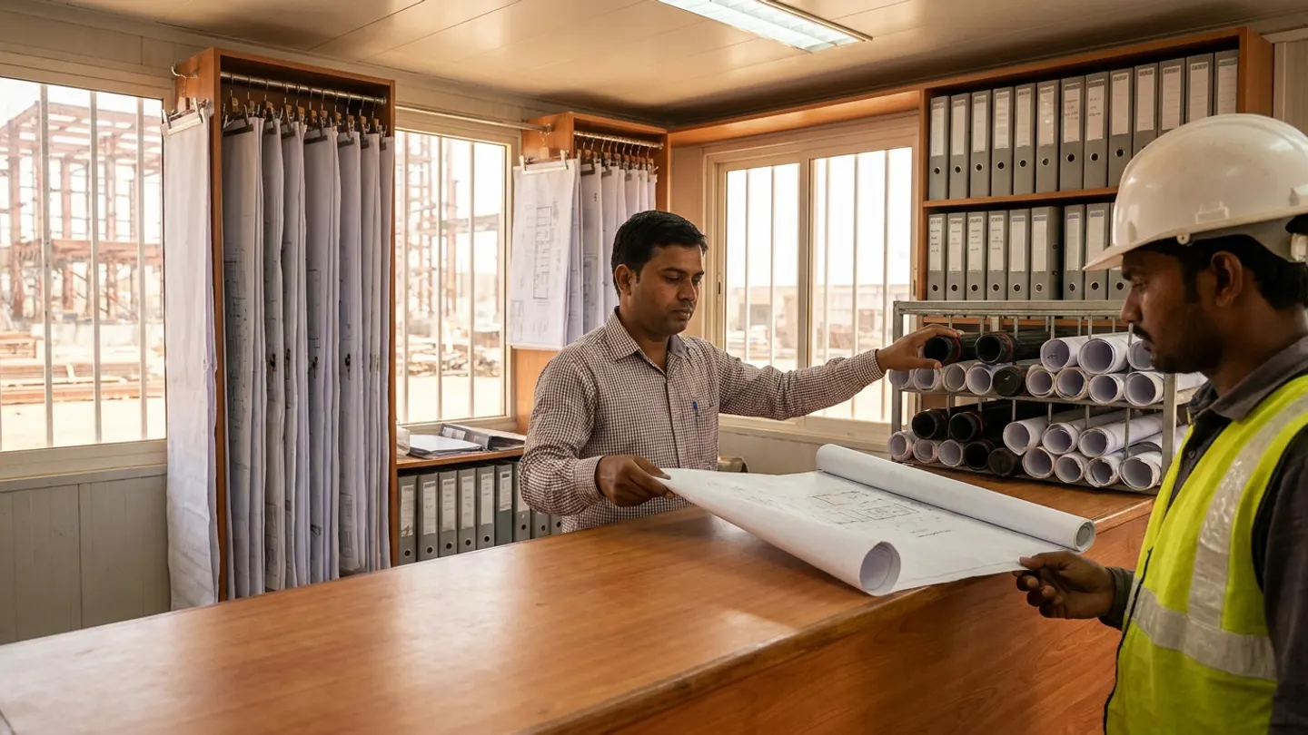 Indian site document controller behind a timber issue counter handing an unrolled construction drawing to a structural engineer in a white helmet and reflective vest, with vertical hanging plan clamps, pigeonhole tube racks, and archive binders behind the counter