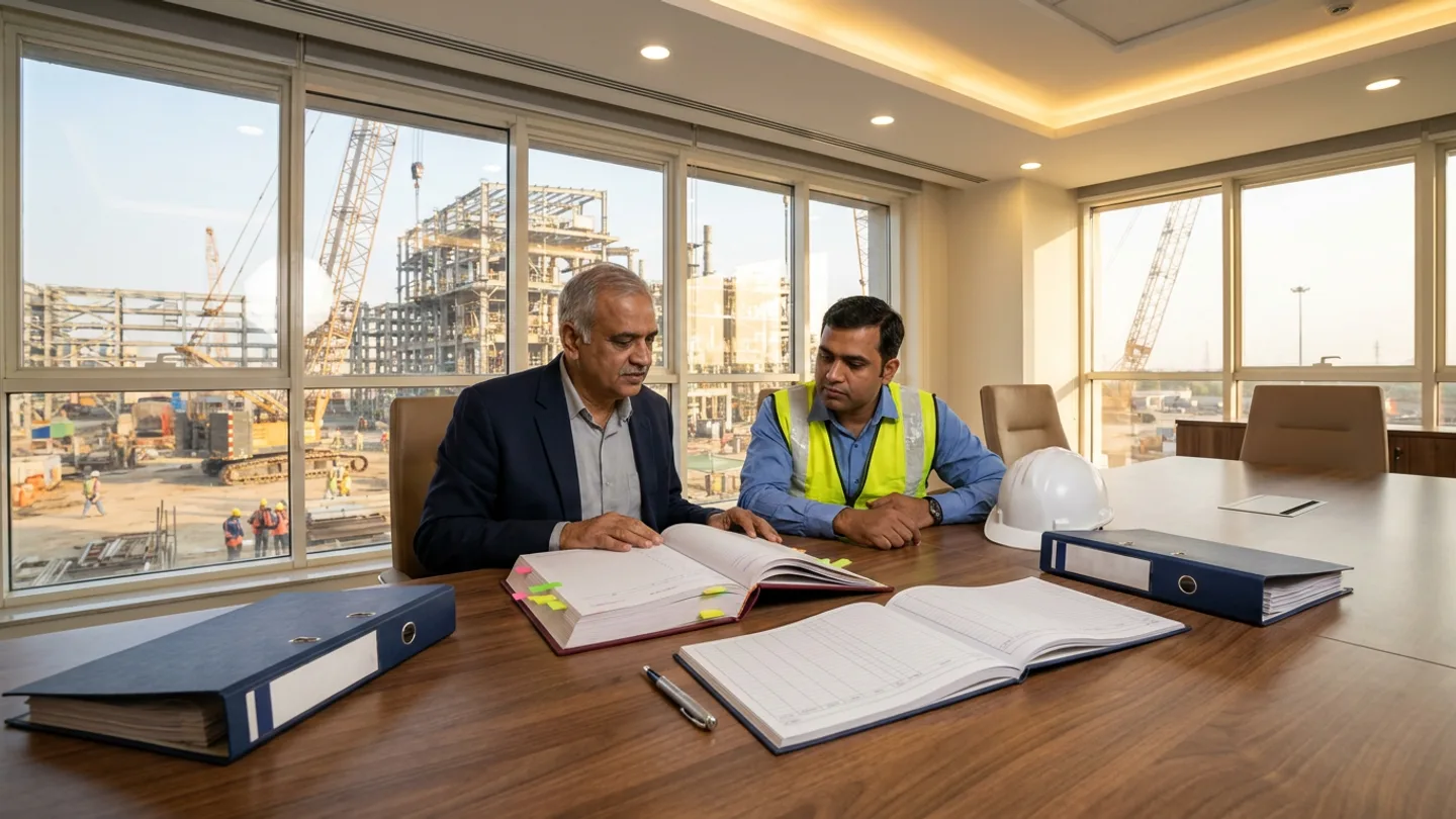 Senior Indian contracts director in a navy blazer and project execution manager in a blue shirt and yellow reflective vest seated at a walnut conference table translating a thick burgundy hardcover contract volume marked with coloured adhesive page flags into an open wide-format obligations register ledger beside a steel pen, two navy lever-arch binders, and a white safety helmet overlooking a steel plant construction site