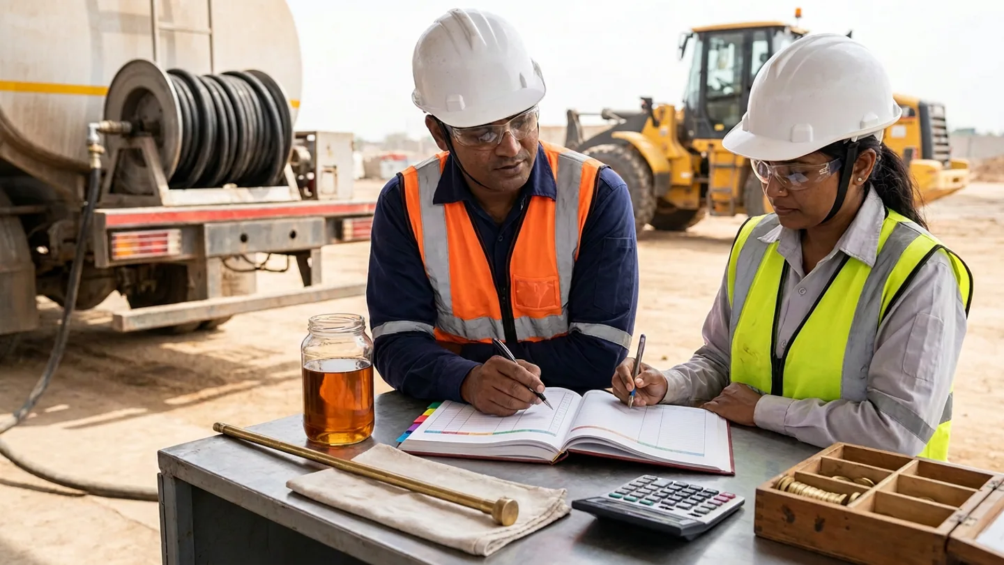 Indian male fleet fuel controller in a white safety helmet, clear safety glasses, navy work shirt, and orange high-visibility vest and female plant cost engineer in a white safety helmet, clear safety glasses, light-grey work shirt, and yellow-green high-visibility vest standing at a steel field desk reviewing an open colour-tabbed hardcover fuel-dispensing and operating-hours register with pens, beside a clear glass jar holding amber diesel, a brass tank-dipping rod resting on a folded beige cloth, a desktop calculator, and a compartmentalised wooden box of brass machine tally tokens in front of a fuel bowser truck with coiled hose reel and a yellow wheel loader