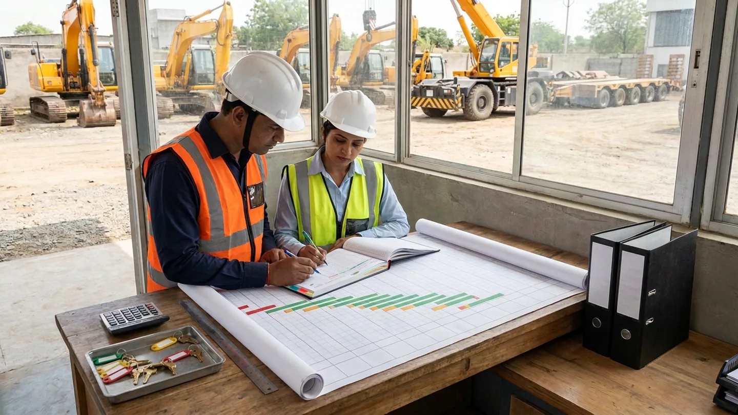 Indian male plant-hire controller in a white safety helmet, navy collared shirt, and orange high-visibility vest and female commercial equipment auditor in a white safety helmet, light-blue shirt, and yellow-green high-visibility vest standing at a timber counter cross-checking an open colour-tabbed hardcover equipment mobilisation-and-off-hire register with pens against an unrolled horizontal plant-hire timeline bar chart showing green, amber, and red bars, beside a metal tray holding brass ignition keys on coloured plastic tags, a desktop calculator, a steel straightedge ruler, and two upright black lever-arch binders overlooking parked yellow excavators, a mobile crane, and a lowbed trailer