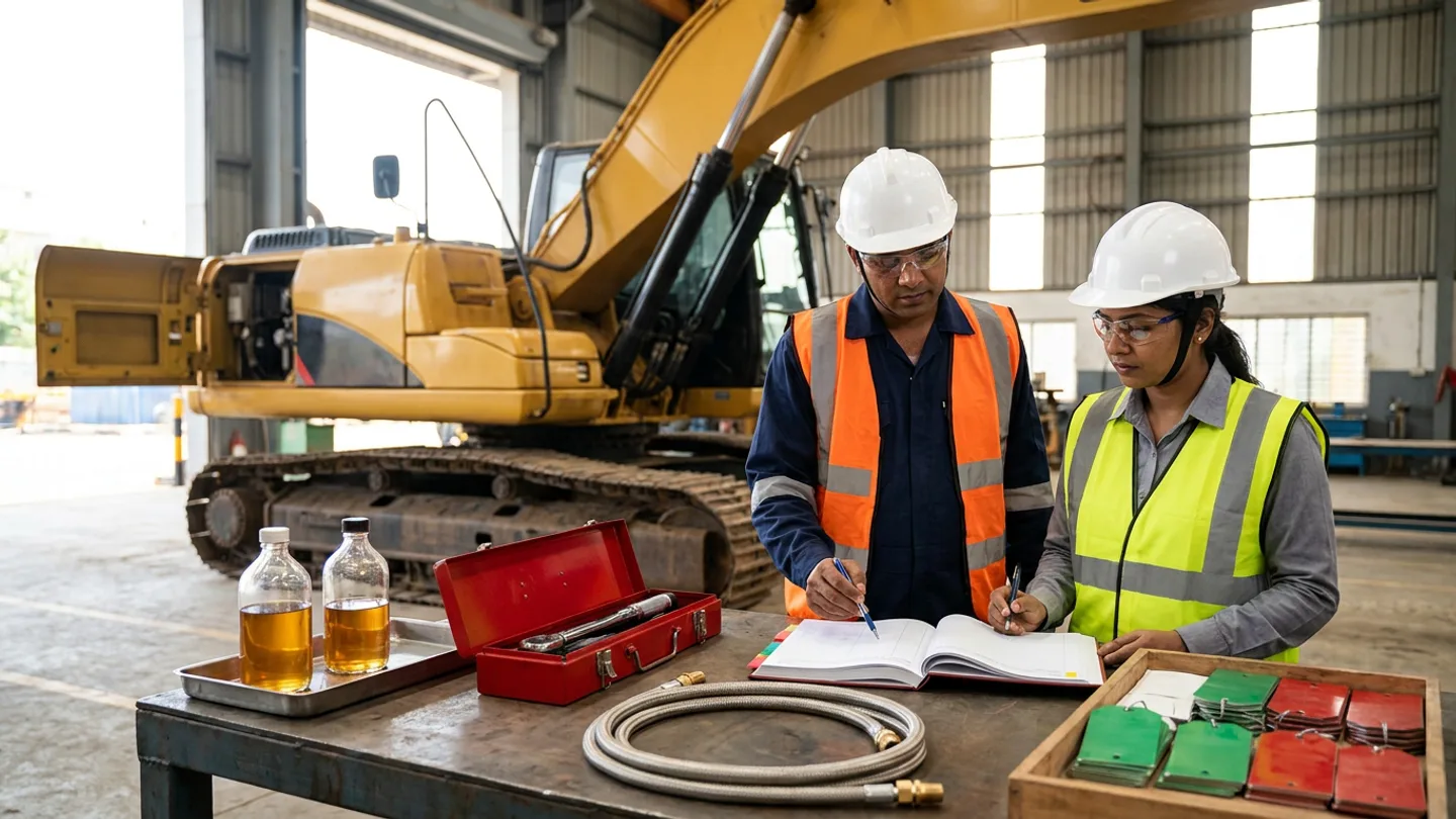 Indian male mechanical maintenance superintendent in a white safety helmet, clear safety glasses, navy workshop shirt, and orange high-visibility vest and female plant readiness inspector in a white safety helmet, clear safety glasses, grey collared shirt, and yellow-green high-visibility vest standing at a steel workbench reviewing an open colour-tabbed hardcover pre-deployment maintenance register with pens, beside two clear glass bottles of amber hydraulic oil on a metal drip tray, a red metal tool box holding a chrome torque wrench, a coiled braided steel hydraulic hose with brass fittings, and a wooden tray of blank green, red, and white release tags in front of a yellow tracked excavator with an open service door