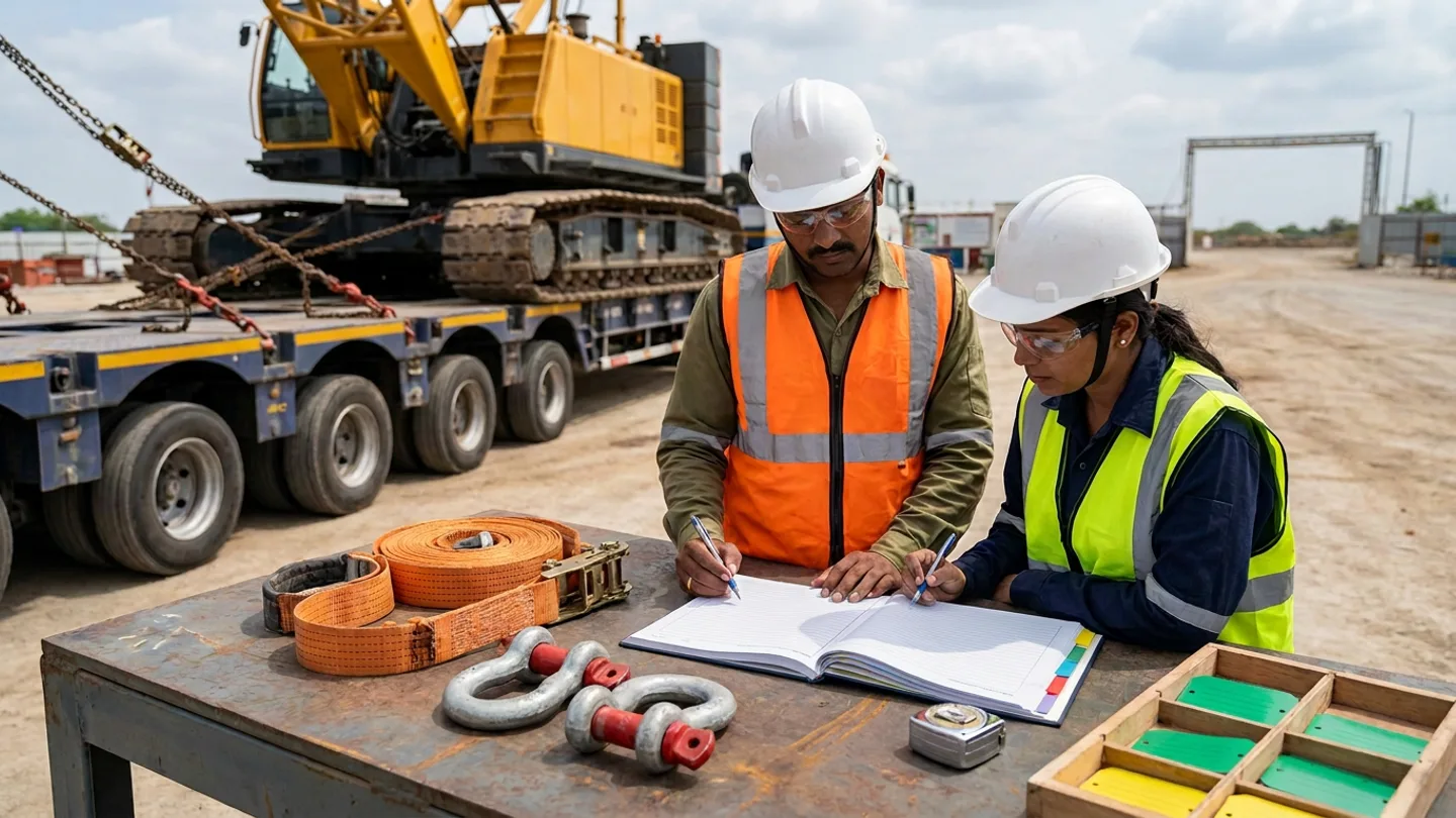Indian male site mobilisation coordinator in a white safety helmet, clear safety glasses, olive work shirt, and orange high-visibility vest and female plant logistics engineer in a white safety helmet, clear safety glasses, navy work shirt, and yellow-green high-visibility vest standing at a steel receiving table reviewing an open colour-tabbed hardcover equipment mobilisation checklist register with pens, beside a coiled orange webbing tie-down strap with a steel ratchet buckle, two forged steel bow shackles with red pins, a steel tape measure, and a wooden tray of green and yellow metal arrival tags in front of a multi-axle lowbed trailer carrying a yellow crawler crane secured with chains